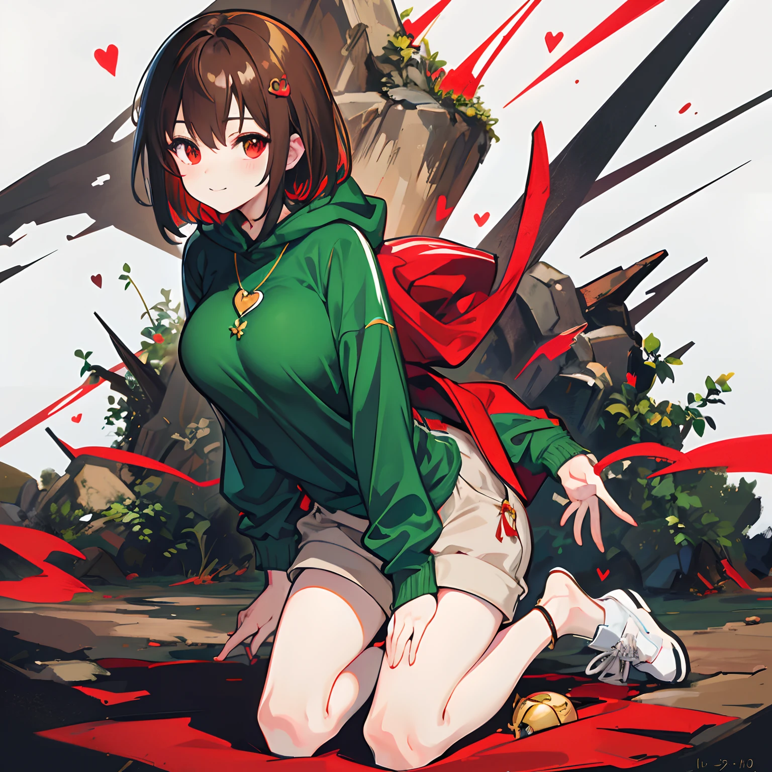 undertale,chara,solo person,Lone wolf,shadowy,Grinning,red - eyed,Sick,morden,Cold-blooded killer,Green hood,Green sweater,brown shorts,daggers,stocklings,Full body standing painting,with short brown hair,Be red in the face,Hand repair,the detail,k hd,Gold love heart necklace,Close to the original,illustration,CG,anime big breast,quadratic element(Optimal image quality,tmasterpiece,sexual appetite)