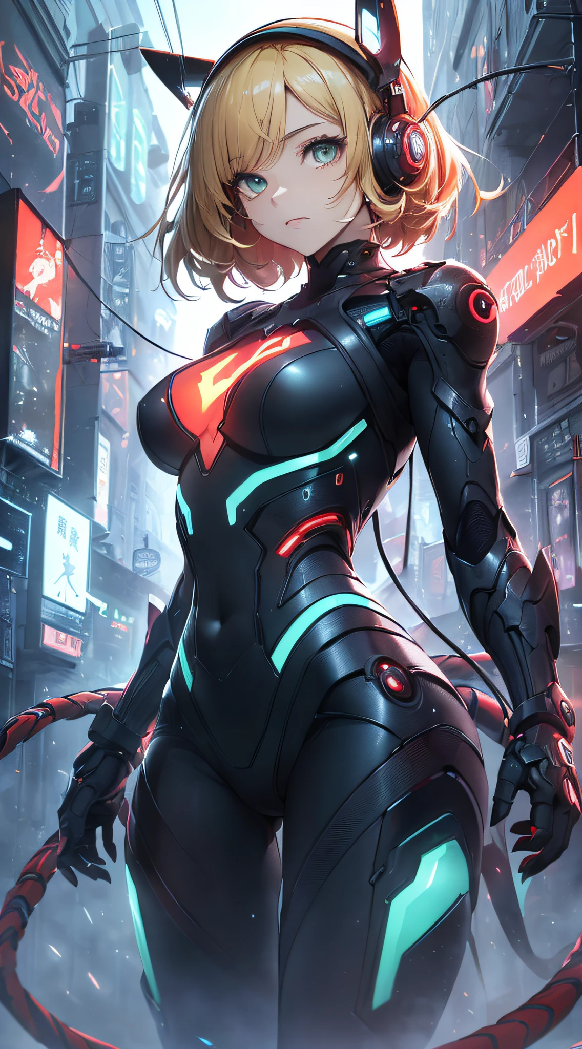 top-quality、Top image quality、​masterpiece、Android Girl((18year old、Red, Black and blue glowing cybersuit、Blue energy source for the chest,Best Bust、Bust 90、Blonde Away Tail、Blue-green eyes、open chest wide、Valley、Happiness、A slender、Warlike face、Stand at the front、Countless cable connections throughout the body、Particles of light、Sharp claw arm)）hiquality、Beautiful Art、Background with((research complex、neon color、Cyberworld、Enemy Android、Red lighting))、masutepiece、Elaborate design、visualart、Theatrical film