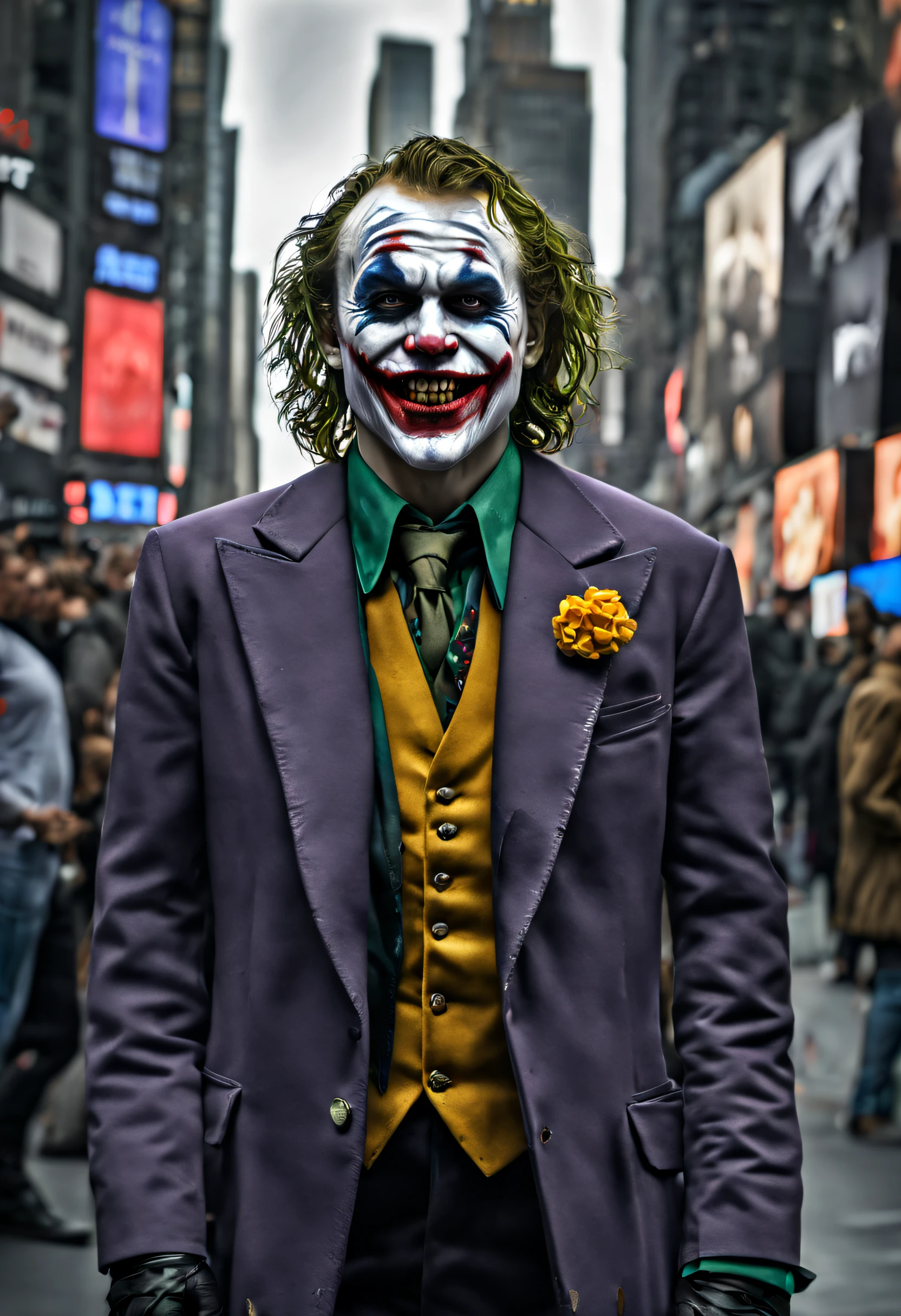 New York, Time square, Joker heath ledger, macabre, horror, mouth sharp teeth, full body photo, gray skin, cybernetic, technological details, Authentic background, (realism: 1.5), (Realisitc: 1.4) , (Absurdity:1.4 ), 8k,
ultra-detailed, detailed, (one:1.4 only), (Viewer facing:1.3),