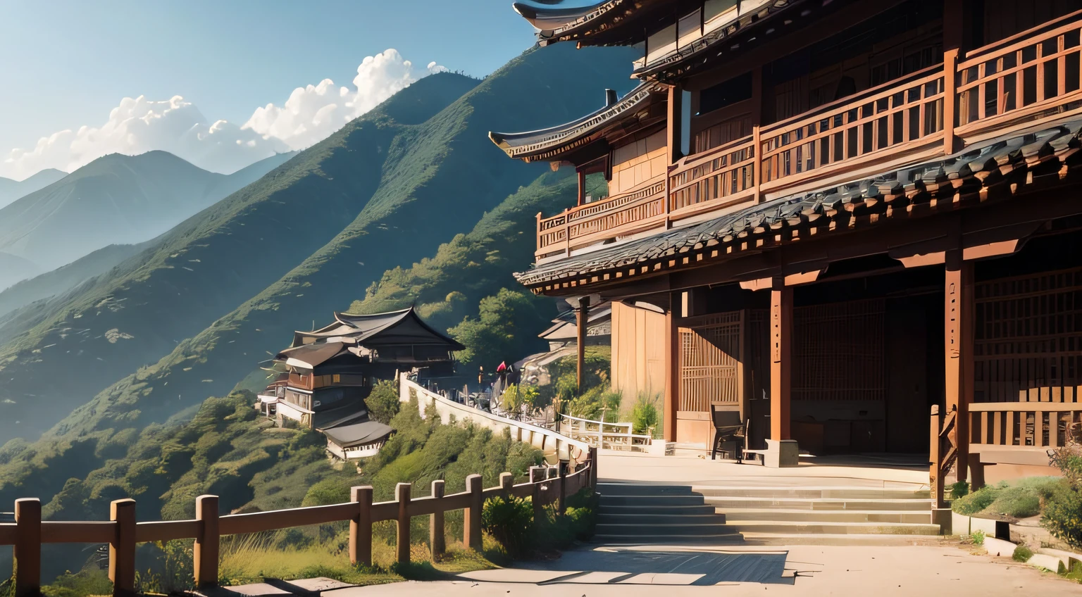 The vine shadow flutters in the wind,Hang down to the railing。Trail in the mountains,Most pedestrians walk with family dogs,Late returning farmers carry firewood。