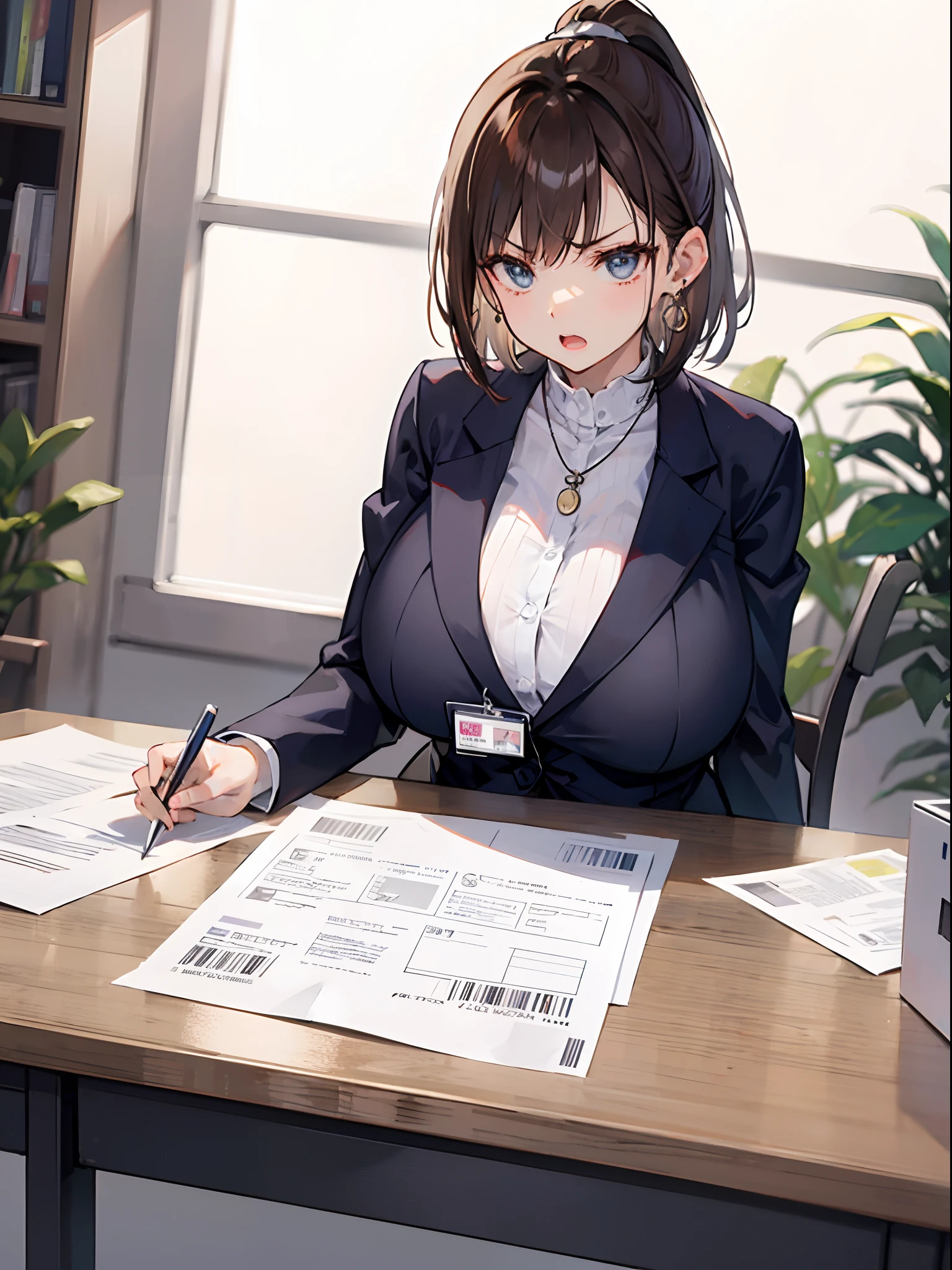 In office, computer, desk, high resolution, 8k, masterpiece, best quality, 1girl, brown hair, short curl hair, ponytail, mature female, OL outfit, office lady outfit, business girl outfit, nameplate, identification card, earrings, necklace, large breasts, huge breasts, breasts on table, breast rest, angry, open mouth, side view, side boob, side breast, holding paper, holding files,