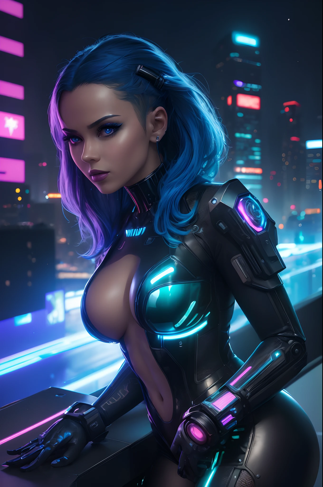 (Best quality,highres:1.2), ultra-detailed, (realistic:1.3), cyberpunk, futuristic, portrait, shiny revealing latex outfit, cyber implants, virtual reality, glowing makeup, metallic body parts, body modification, techno atmosphere, cityscape background, hovering robotic arms, advanced technology, electric blue color palette, surreal lighting.