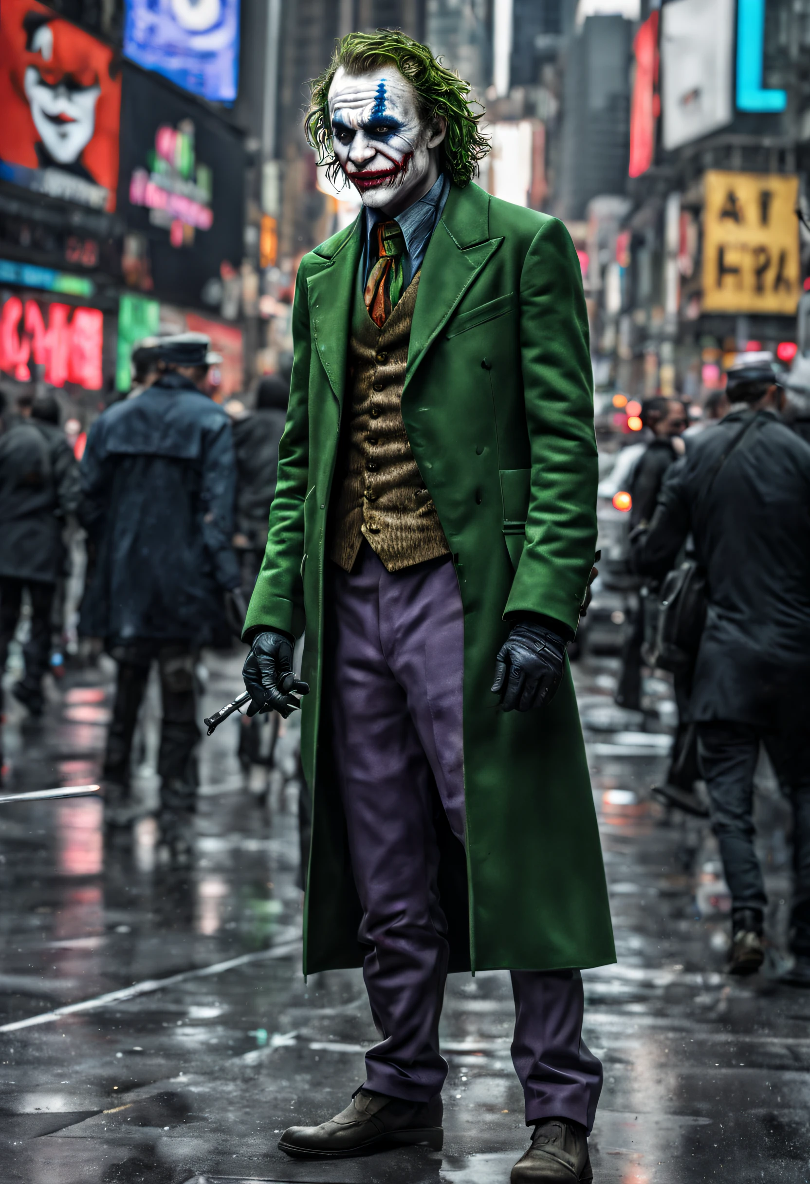 New York, Time square, Joker heath ledger, macabre, horror, mouth sharp teeth, full body photo, gray skin, cybernetic, technological details, Authentic background, (realism: 1.5), (Realisitc: 1.4) , (Absurdity:1.4 ), 8k,
ultra-detailed, detailed, (one:1.4 only), (Viewer facing:1.3),
