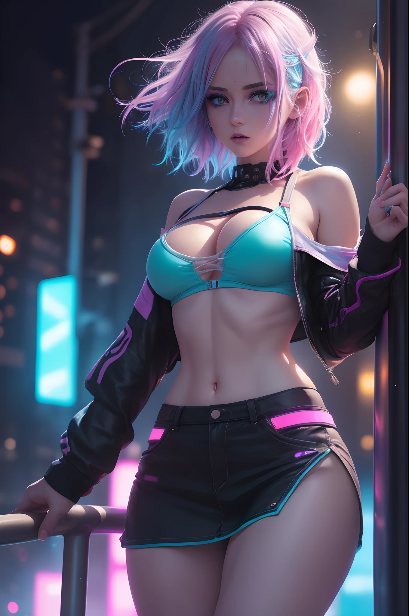 Anime woman in night city with colored lights shining on her skin, short white and pastel blue pink colored hair, pastel purple eyes, huge breasts, deep cleavage, dyed pastel colored hair, hair naturally white, highly detailed background, 8k wallpaper, (detailed face and eyes:1.4), (detailed hair:1.3), (warm lighting:1.5), (dynamic angle), (dynamic pose), (dynamic background), (visceral experience), intense emotion, high detailed eyes, (shadows), (RGB LED lighting), short hair, hair naturally white dyed pink blue and green, colorful lights glow, cyberpunk edgerunners, skimpy outfit, exposed midriff, high hipsters, red eyeshadow.