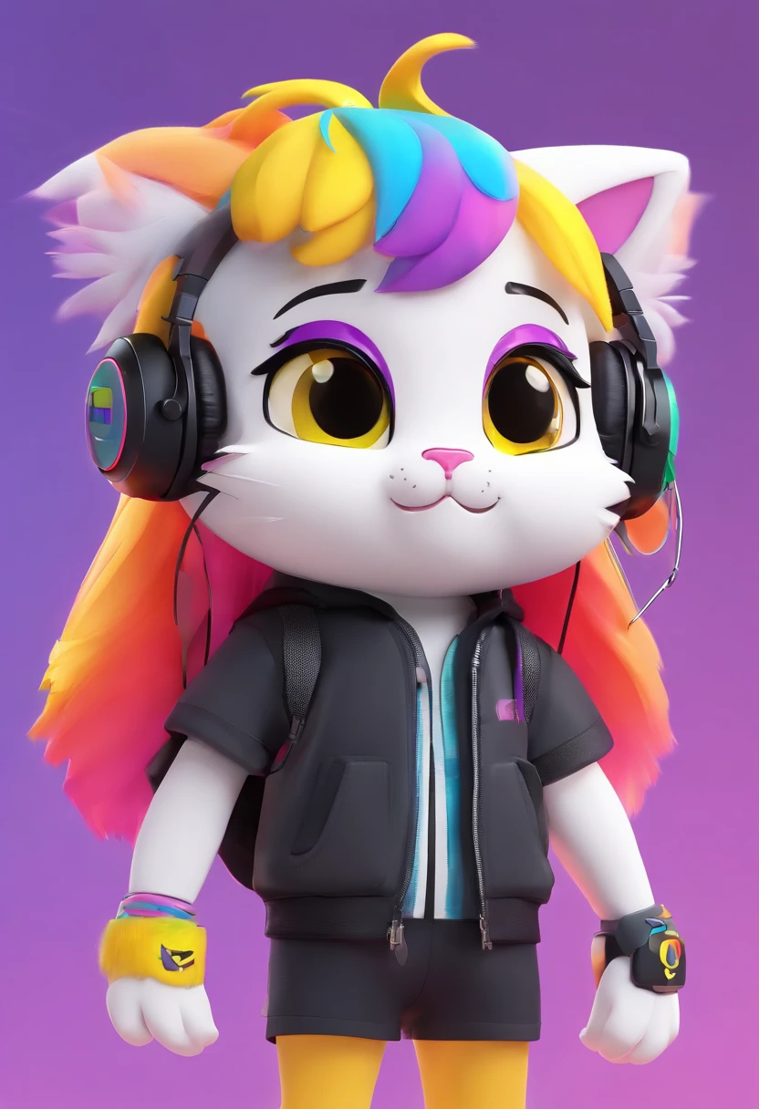 Furry Cat,???, white wool, Rainbow Color Hair,Black Tail,Purple Headphones, blue and yellow eyes, black t-shirt, black shorts, Oversized sneakers,