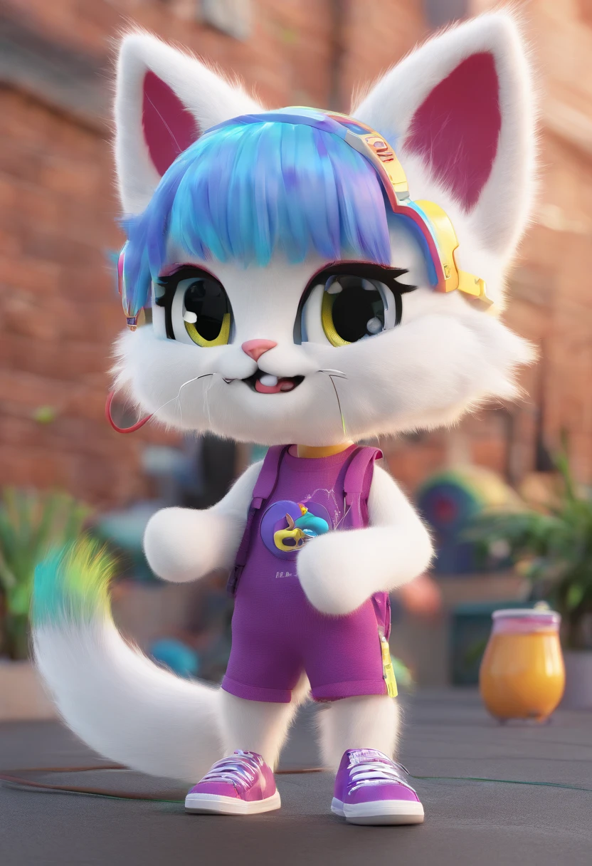 Furry Cat,???, white wool, Rainbow Color Hair,Black Tail,Purple Headphones, blue and yellow eyes, black t-shirt, black shorts, Oversized sneakers,