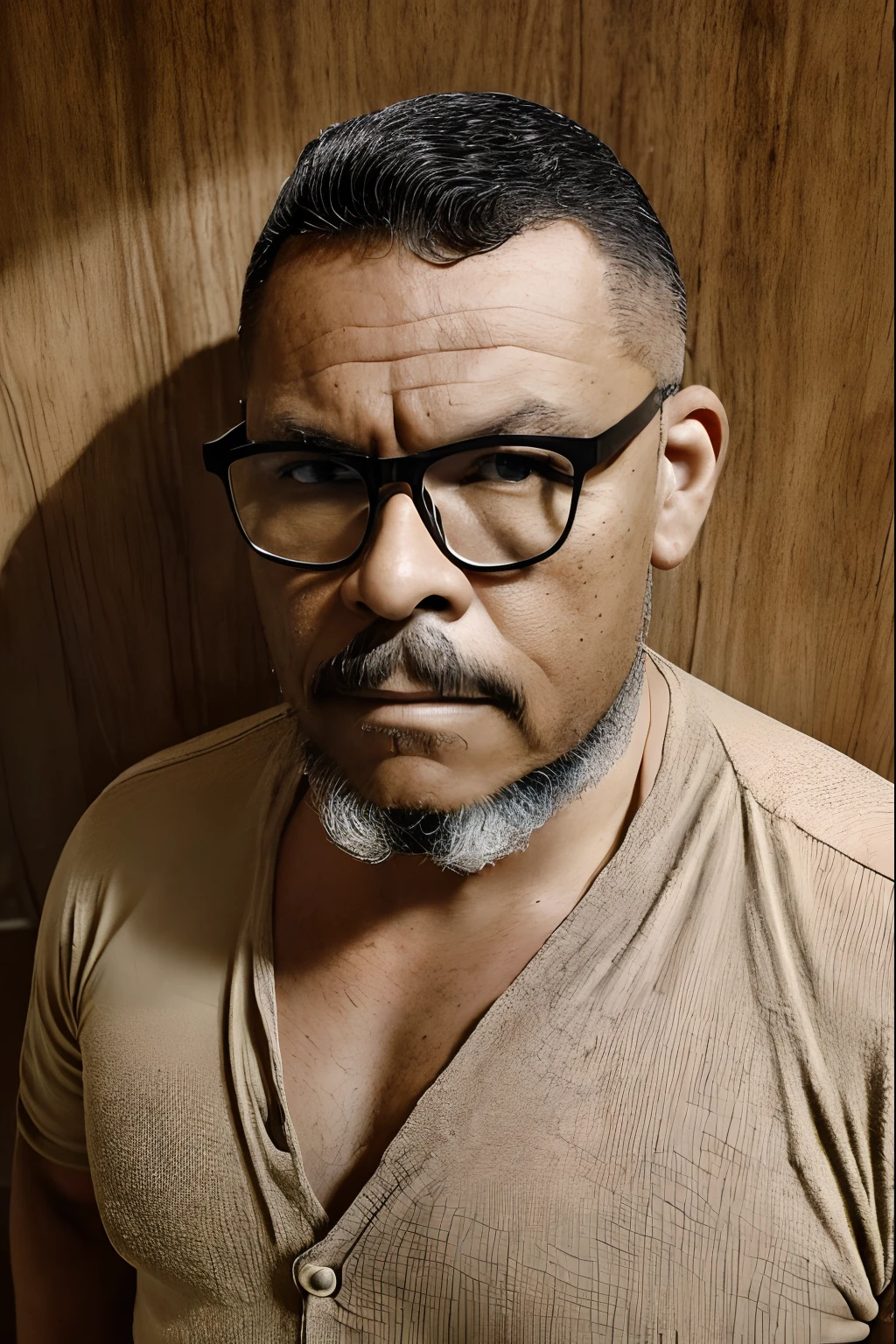 guttonerdvision10, Professional retro-style photograph of a middle-aged man with short military-style haircut, ((barba longa e grisalha)), ((corpo peludo)), vestindo uma jaqueta de couro preta (((sem camisa por baixo))). retrato de meio corpo, fundo preto, Chiaroscuro Studio Technique, ultrarrealista e altamente detalhado. Retro-style lighting can be applied as needed.