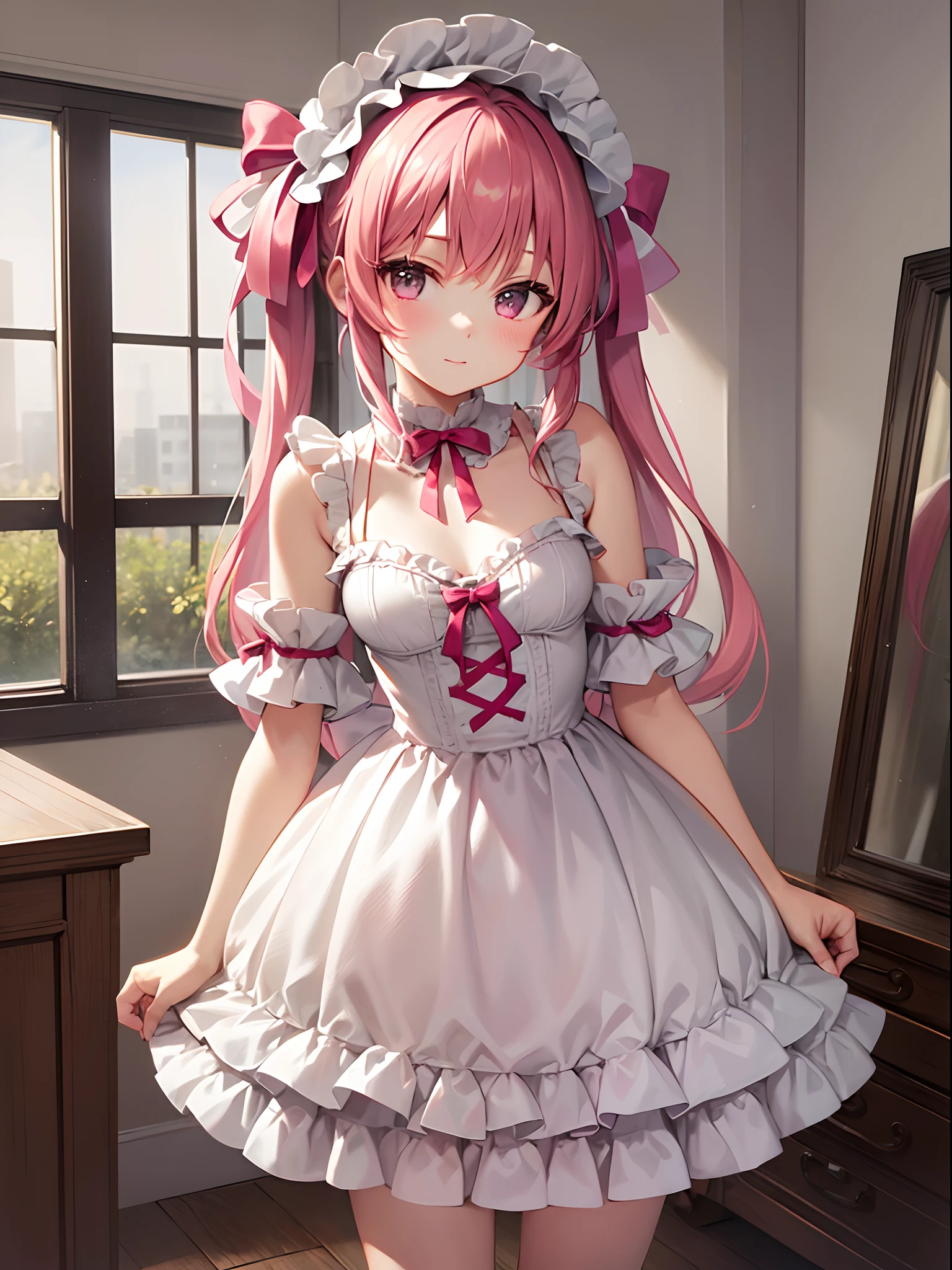 Super delicate cute girl in a ta dress with pink hair. 8K Ultra High Definition, Delicate texture, Pure white background.