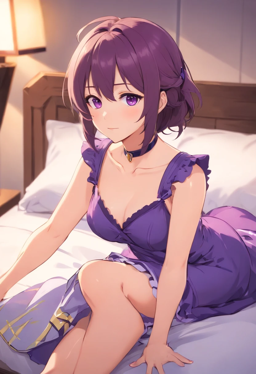 A female anime character wearing a purple dress is depicted sitting on a bed while holding a bottle of beer and playing video games. She is a seductive character from the Azur Lane video game. The scene is from a cutscene in the Girls Frontline video game. The image is suitable for use as wallpaper. Let's play a visual novel together with an ecchi anime style. The character is crouching in the image. The hashtags #oc and #oc are associated with this anime girl.