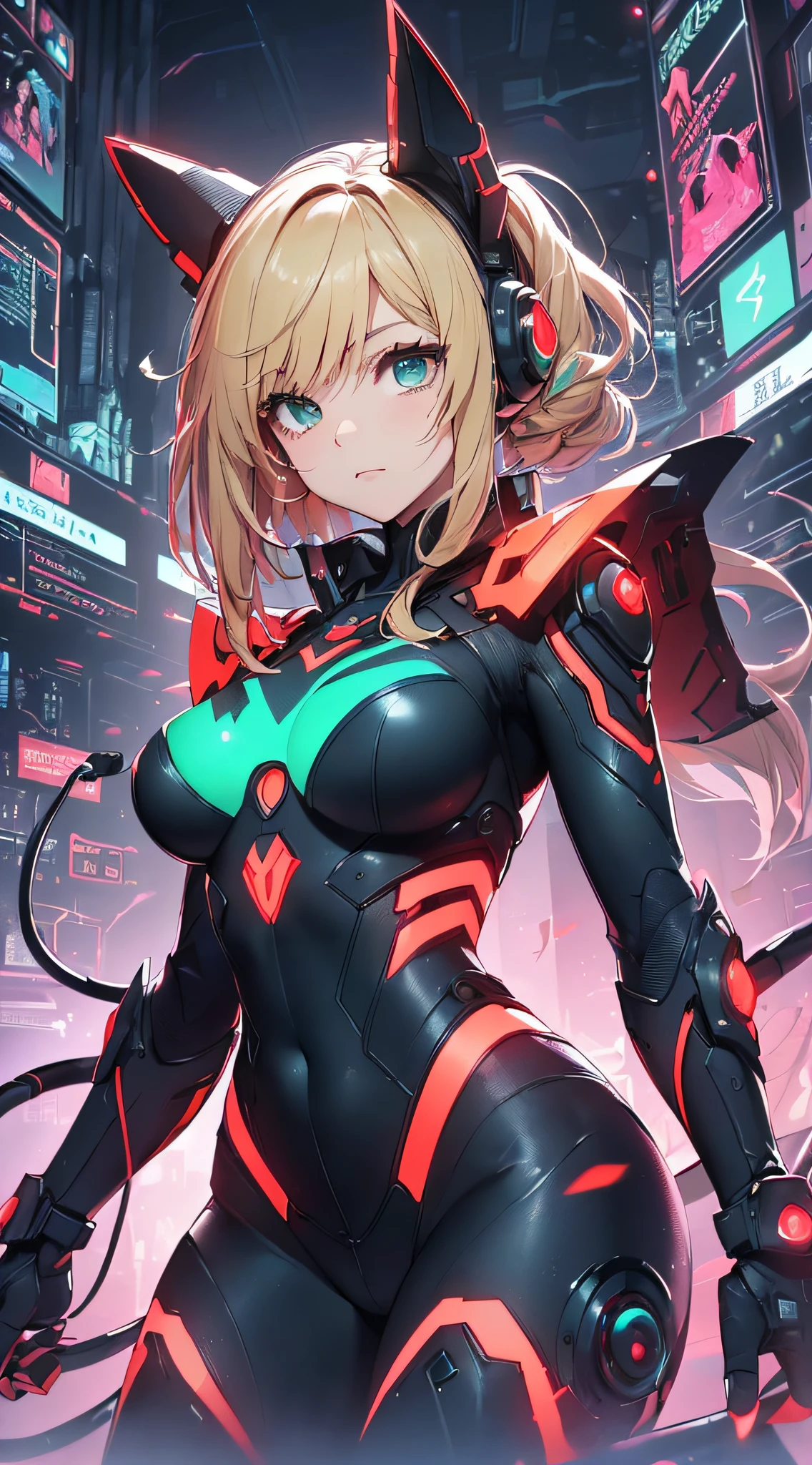 top-quality、Top image quality、​masterpiece、Android Girl((18year old、Red, Black and blue glowing cybersuit、Blue energy source for the chest,Best Bust、Bust 90、Blonde Away Tail、Blue-green eyes、open chest wide、Valley、Happiness、A slender、Warlike face、Stand at the front、Countless cable connections throughout the body、Particles of light、Sharp claw arm,Laser cannon)）hiquality、Beautiful Art、Background with((Blue lighting、Green particles、Red Laser Pointer、Purple swirl,Yellow flash、Pink lightning))、masutepiece、Elaborate design、visualart、Theatrical films