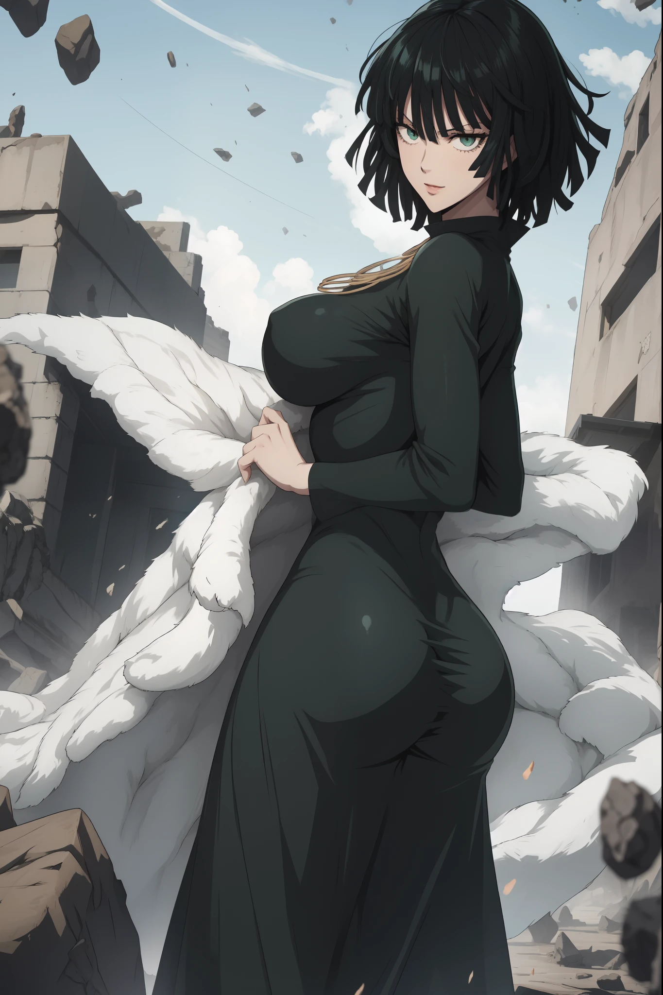 Anime art style, Fubuki from one punch man, green hair, white skin, wearing V-neck dress, standing on destroyed city, colourful, smiling blushing cheeks, no shadows, big breast, big booty, back view.