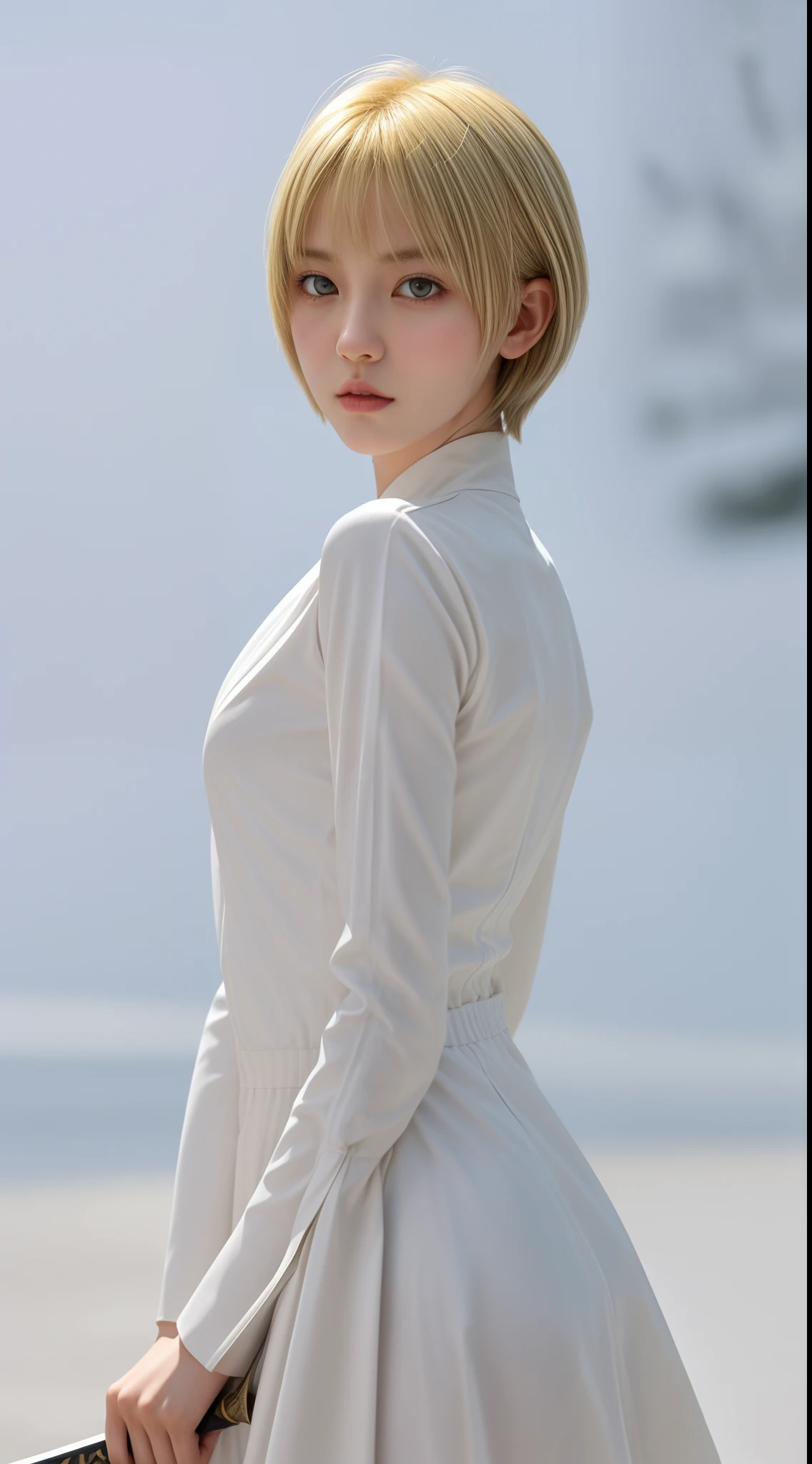 girl in a white outfit, yellow eyes, with a sword, impatic genshin style, blonde short hair, midshot, centered image, ultra detail, extremely face detail, extremely eye detail
