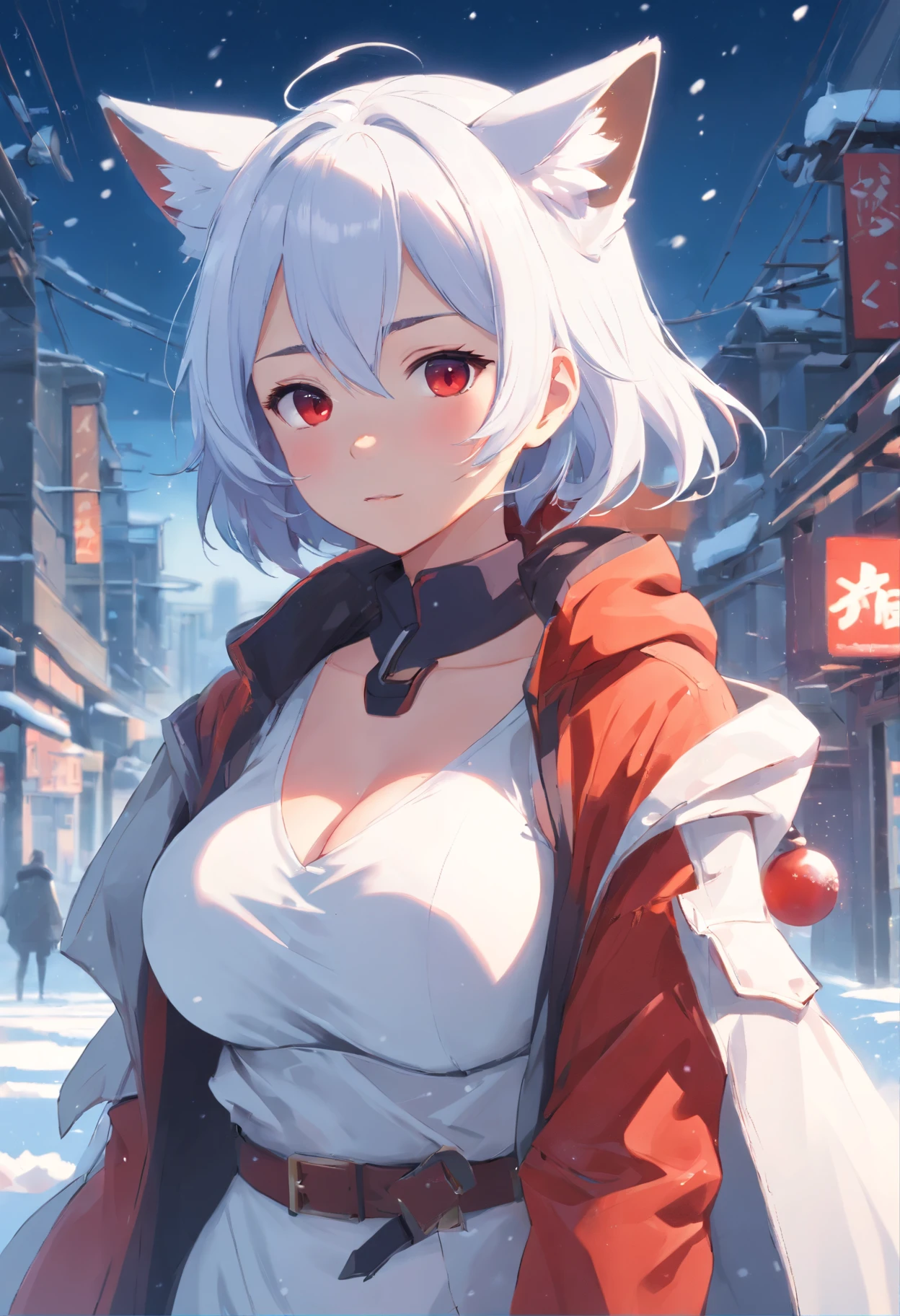 one-girl，White clothes，White hair，Huge breasts，cleavage，red fox，Ice and snow，In the snow，Blizzarding，