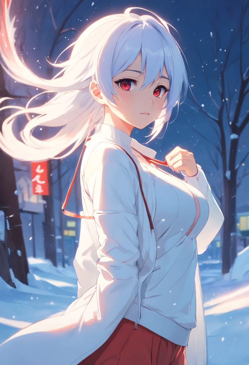 one-girl,White clothes,White hair,Huge breasts,cleavage,red fox,Ice and snow,In the snow,Blizzarding,