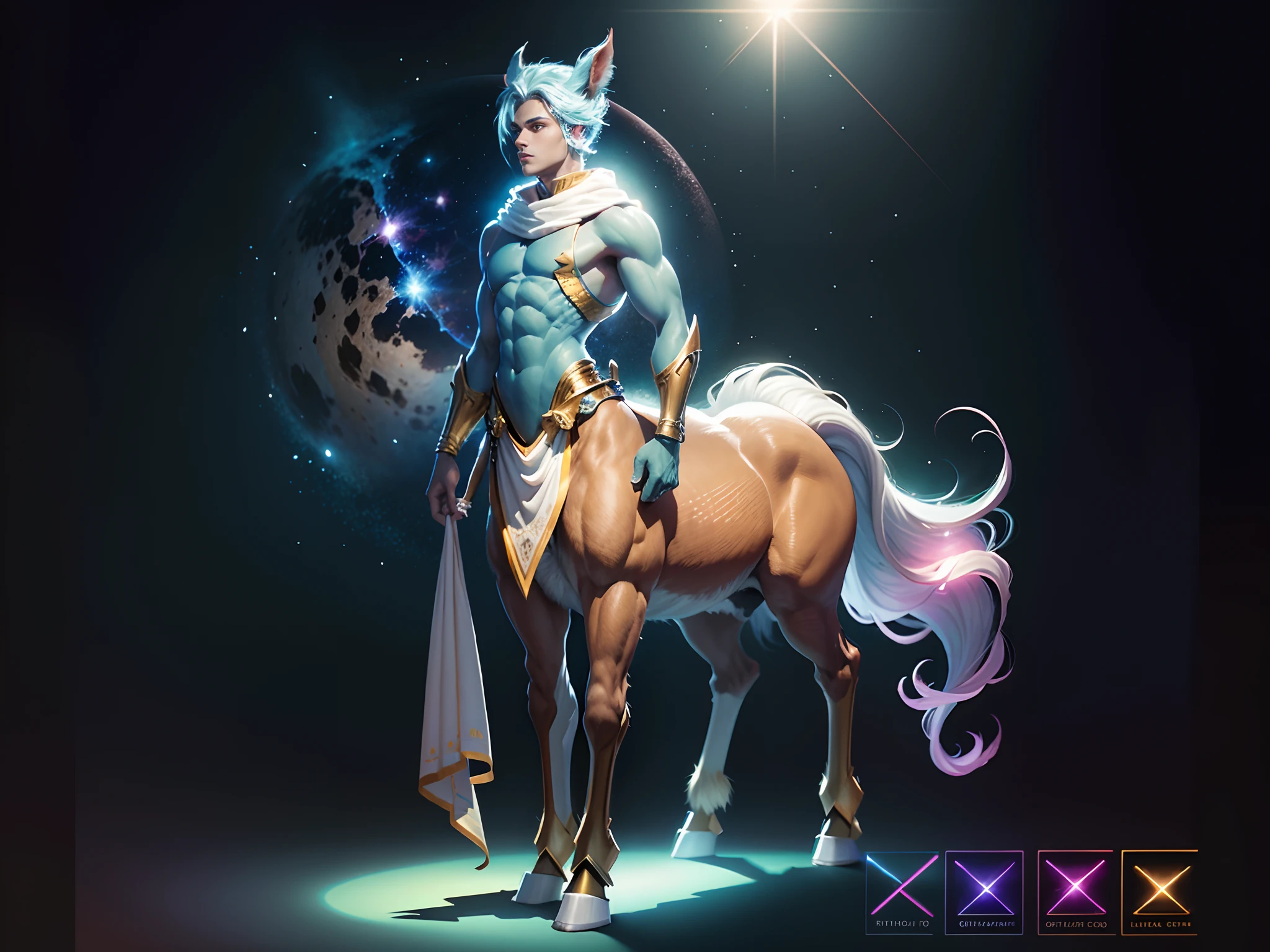 Green short hair, (male centaur), ((bodybuilder)), ((very muscular)), ((broad chest)), ((thick pectorals)), abs, small waist, , naked, ((big biceps)), ((large penis)), ((glans)), ((testicles)), ((nipple piercings)), forest, mystical, enchanting, mysterious, bioluminescent mushrooms, will-o'-wisps, glowing green tattoo, glowing blue tattoo, starry night sky, glowing emerald, growing magic, vines, magical flowers, (veiny horse penis:1.0), white horse