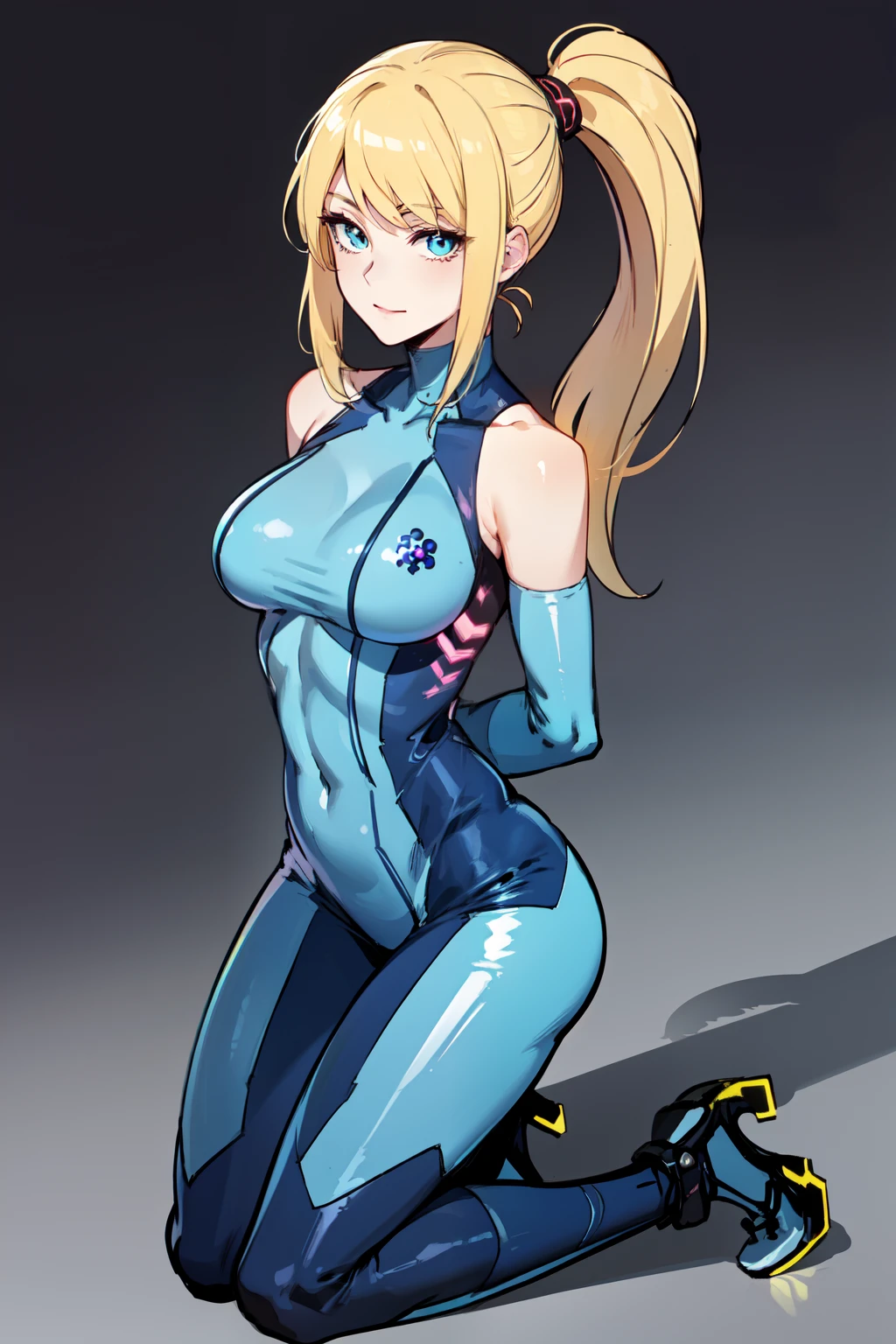 samus aran, ponytail, hair tie, blue gloves, blue bodysuit, high heels, A beautiful woman blonde hair, facing viewer, looking at viewer, soft smile, kneeling, ((close up)), thin, skinny, medium breasts, short ponytail, arms behind back,