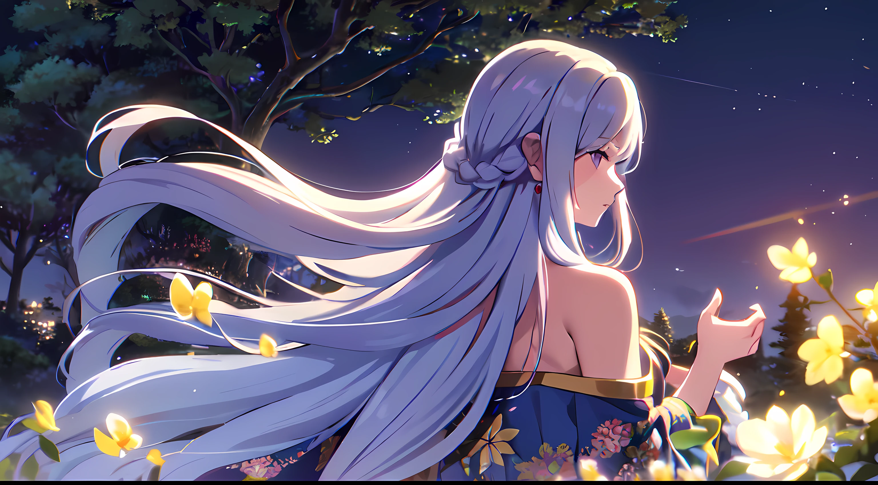 masterpiece, best quality, 1lady, solo, very long white hair, blowing hair, (flower hair ornament), (braided hair ornament), earrings, behind view, back view, close up, night fireflies, tree, scenery, forest, fantasy, off shoulder blue dress