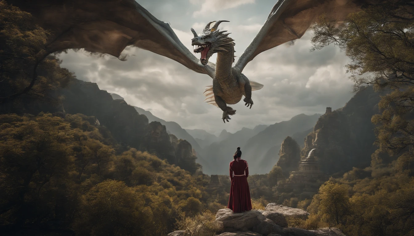 The Chinese White Divine Dragon soared into the air,(Girl manipulates dragons:1.3),(The girl has her back to the camera:1.3),Sky clouds surround the surroundings,Light magic,Fantastic background,Meaning background,Ridiculous background,There are artistic overlays,multicolored hair, surrealism, Cinematic lighting, Ray tracing, god light, speed-line, angle of view, hyper HD, Masterpiece, Best quality, Super detail, A high resolution, High quality,(Far view:1.3)