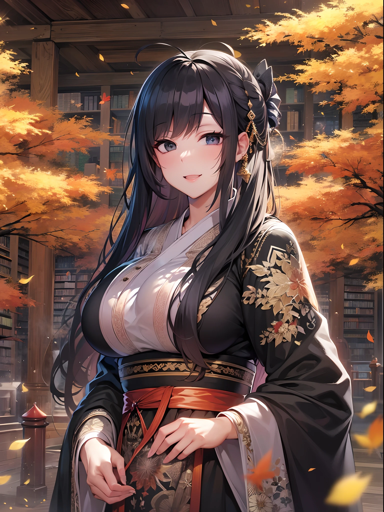 masutepiece, Best Quality, Ultra-detailed, Extremely detailed, 4K, 8K, Best Quality, Beautiful, Library, Autumn, Pretty women, Solo, Traditional costumes, Beautiful black hair, Beautiful black eyes, Ahoge,huge-breasted, lightsmile, sparkling effect
