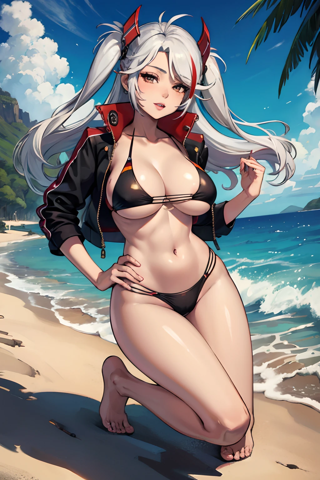 nfsw, masterpiece, Best Quality, PrinzV4, 1girl in, Solo, laid down, beach, happy expression, Long hair, breasts, full body, barefoot, Looking at Viewer, Large breasts, Navel, Holding, White hair, Red hair, multicolored hair, Open jacket, striated hair, Black jacket, put hands on the hip, underboob, Headgear, a flag, Pending Flag, Poses that emphasize breasts,top-quality, Bikini swimwear, Black swimsuit, (Masterpiece, Best Quality:1.3), highres, (8k resolution), (ultra-detailed portrait:1.1), stop motion, horror, outdoors, no humans, scenery, photorealistic, (details:1.2), volumetric lighting