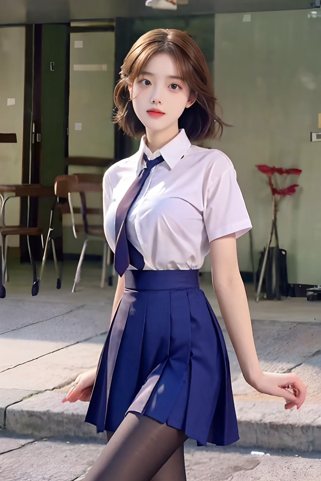 Korean school uniform、summer school uniform shirt、Tight shirt、Ribbon Ties、skirt by the、schools、stairs at school、chest lifting pose、Emphasis on the chest、Slender and large、8K raw photos、A high resolution、18-year-old Korean、embarrassing looking、very large round breasts、Beautiful eyes finely detailed、long eyelasher、beautiful double eyelid、eye shadows、eyeline、slender eyes、Elongated eye shape、Sanpaku eyes、beautiful and thin legs、Beautiful slender thighs、Random Shorthair、Tie your hair behind your head、耳Nipple Ring、Light brown hair、(Wear pantyhose)、hugging his knees,beautifullegs,Delicate legs,The legs are thinner