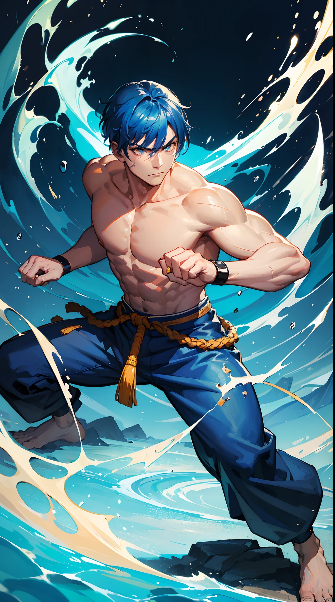 Man with martial arts stance using 10 rings on his hand,Blue hair, old fashioned blue pants with no shirt, badass expression, epic kung fu pose, fire Blue  and rings background.