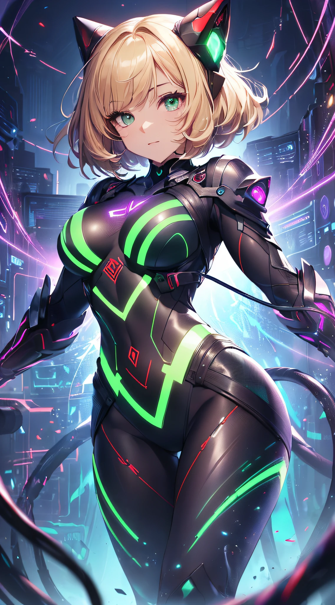 top-quality、Top image quality、​masterpiece、Android Girl((18year old、Red, Black and blue glowing cybersuit、Blue energy source for the chest,Best Bust、Bust 90、Blonde Away Tail、Blue-green eyes、open chest wide、Valley、Happiness、A slender、Warlike face、Stand at the front、Countless cable connections throughout the body、Particles of light、Sharp claw arm)）hiquality、Beautiful Art、Background with((Blue lighting、Green particles、Red Laser Pointer、Purple swirl))、masutepiece、Elaborate design、visualart、Theatrical films