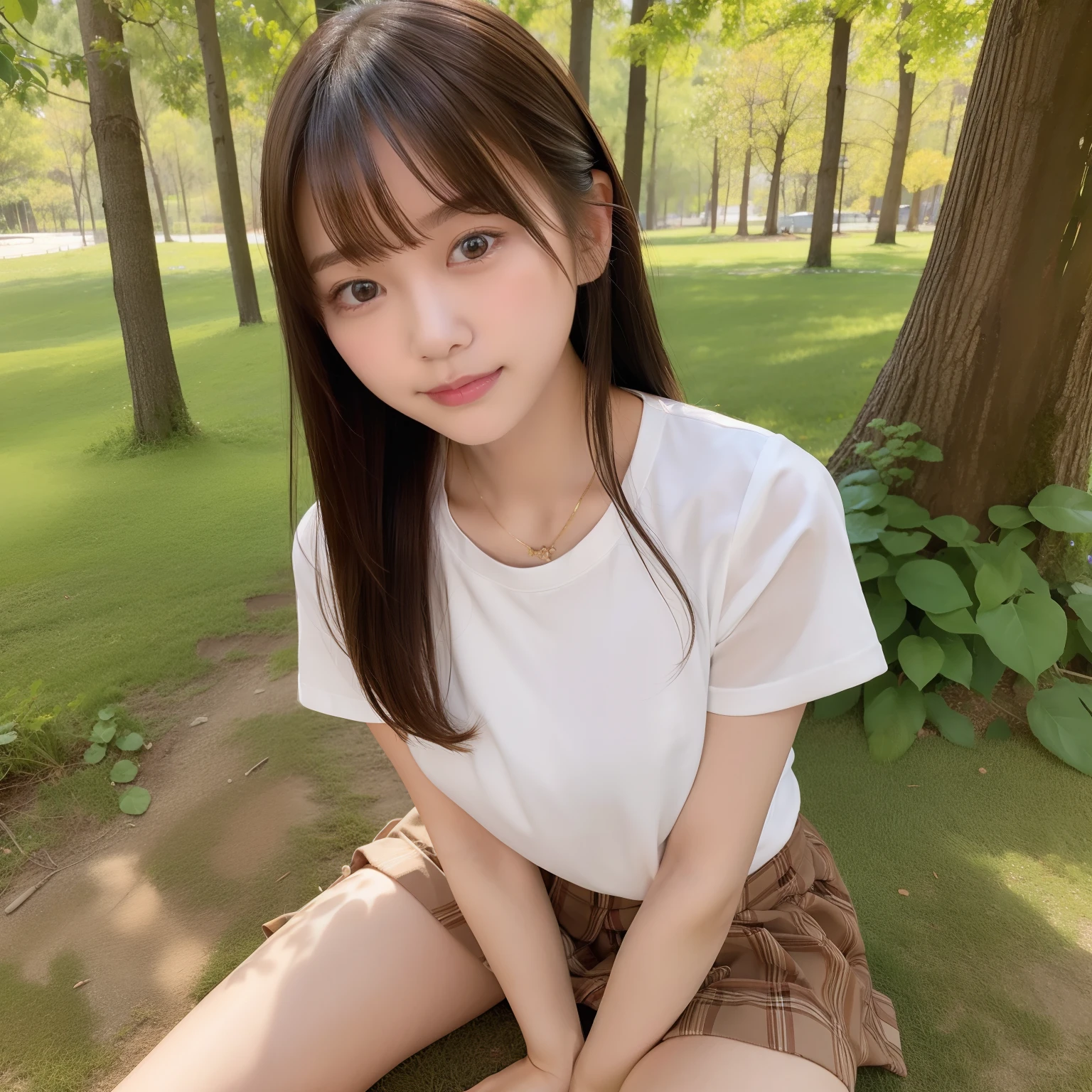 NSFW, 8k RAW photo, top-quality:1.1, masterpiece:1.3, 超A high resolution, film grains, filmg, 1girl in, looking at the viewers, natural skin textures:1.1, realistic eyes and face details:1.1, Full lips, fluffy hair, Shy smile, The shirt, Beautiful natural places,full body Esbian、Around the position of the flower, (细致背景), plaid skirts, white shirt,(Brown medium hair,Bangs), (touch hair:1.4),nogizaka,Beautiful legs:1.1,poneyTail、Panchira