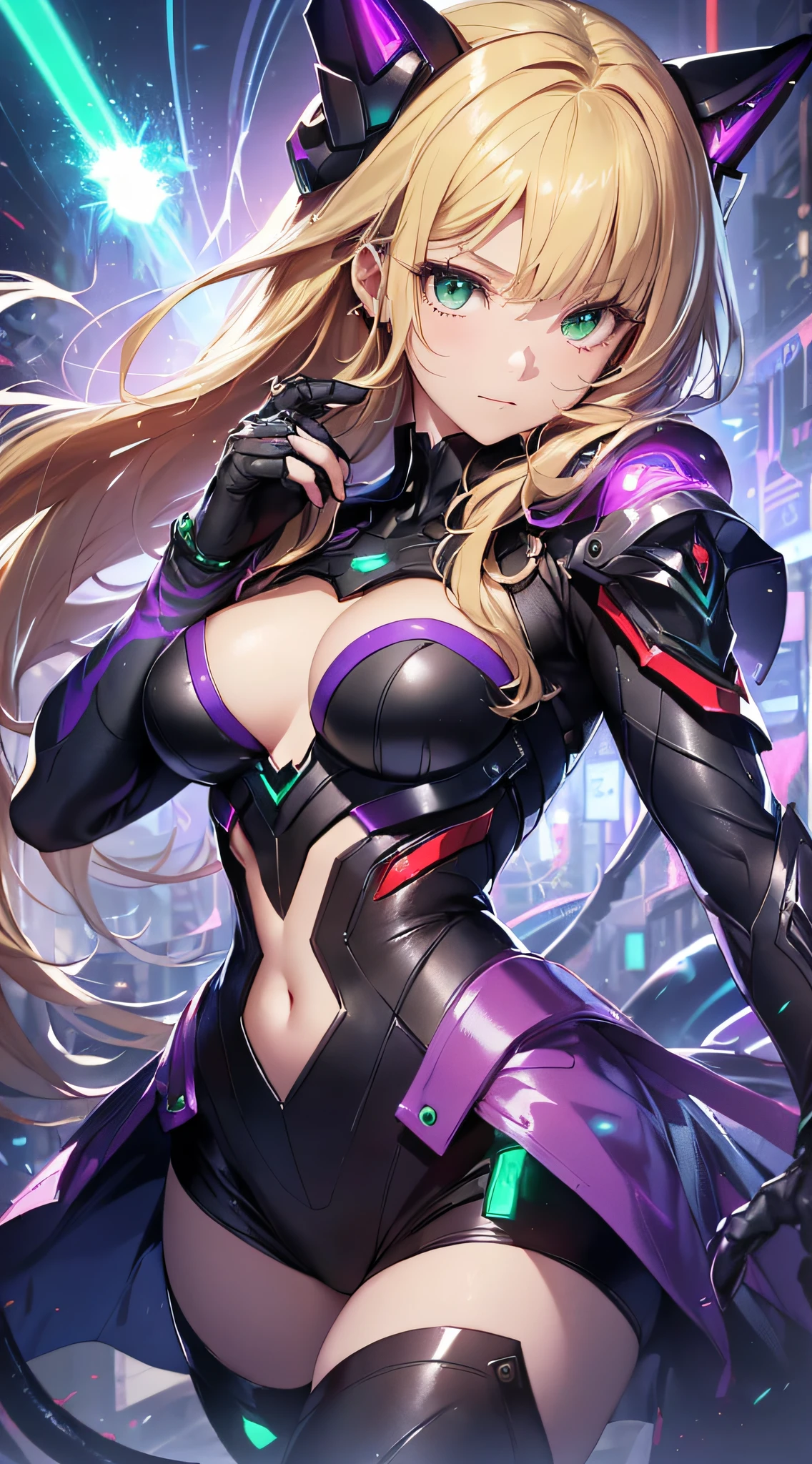 top-quality、Top image quality、​masterpiece、Android Girl((18year old、Red, Black and blue glowing cybersuit、Blue energy source for the chest,Best Bust、Bust 90、Blonde Away Tail、Blue-green eyes、open chest wide、Valley、Happiness、A slender、Warlike face、Stand at the front、Countless cable connections throughout the body、Particles of light、Sharp claw arm)）hiquality、Beautiful Art、Background with((Blue lighting、Green particles、Red Laser Pointer、Purple swirl))、masutepiece、Elaborate design、visualart、Theatrical films