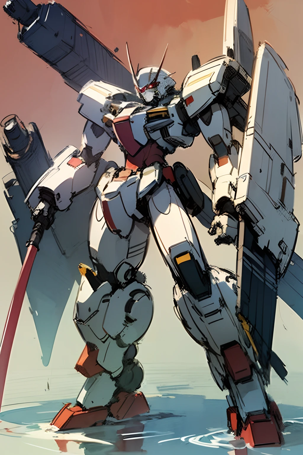 Mecha, white with red markings, (artist Mamoru Nagano:1.5), (sketch:1.6), (water-colors:1.6), (Illustration on paper)