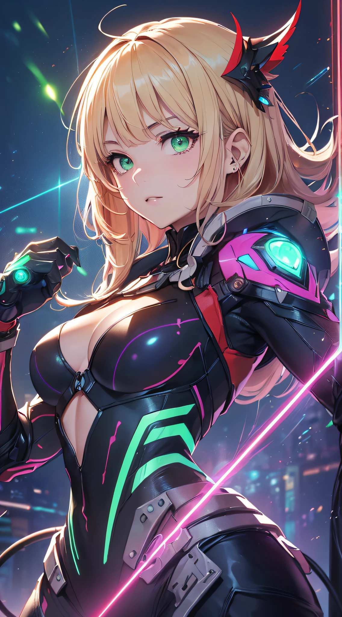 top-quality、Top image quality、masterpiece、Android Girl((18year old、Red, Black and blue glowing cybersuit、Blue energy source for the chest,Best Bust、Bust 90、Blonde Away Tail、Blue-green eyes、open chest wide、Valley、Happiness、A slender、Warlike face、Stand at the front、Countless cable connections throughout the body、Particles of light、Sharp claw arm))hiquality、Beautiful Art、Background with((Blue lighting、Green particles、Red Laser Pointer、Purple swirl))、masutepiece、Elaborate design、visualart、Theatrical films
