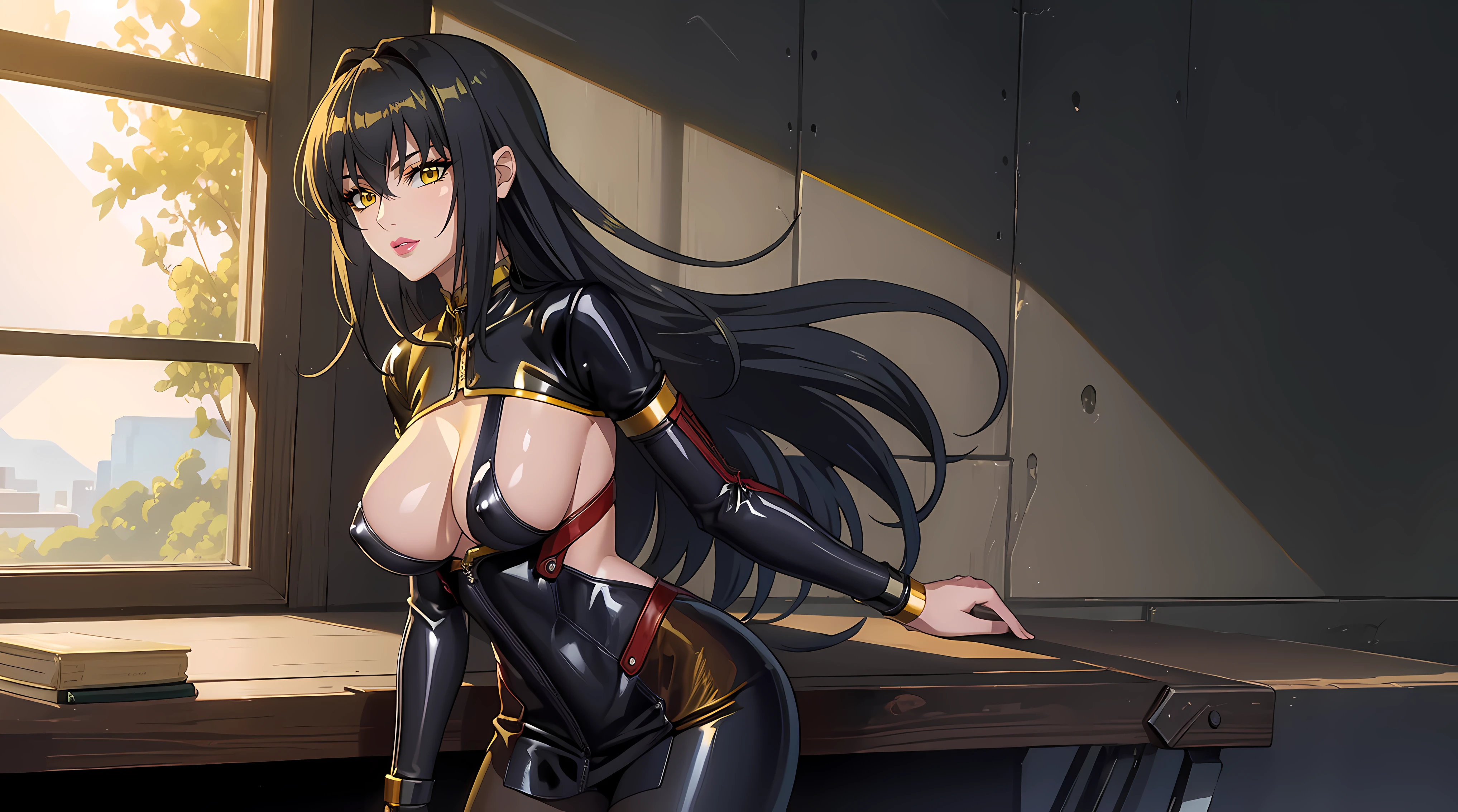 (masterpiece:1.4),(best quality:1.4), soft lighting, cinematic bloom, beautiful face, beautiful eyes, cowboy shot,
Annerose, 1girl, solo, female mature, black hair, long hair, (yellow eyes:1.4), large breasts, bodysuit, higheels, shiny clothes, skin tight, hair intakes, covered breasts, sideboob, exquisite eyes detail, exquisite character design unity details 8k hdr, professional art, landscape, (solo:1.5, cowboy shot:1.5), classroom, gorgeous body