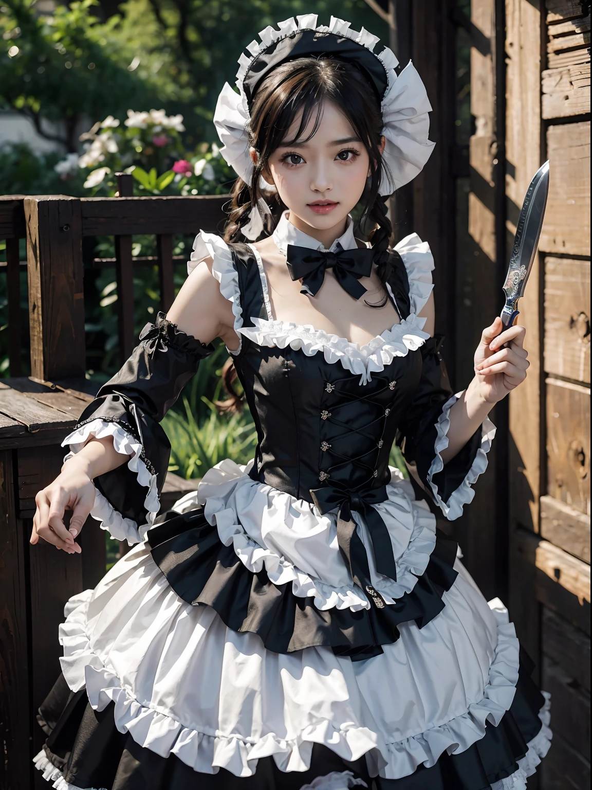 （in 8K. ＨＤＲ.Hyper-Realism、Masterpiece 1.4、Live Photo 1.4, Best quality1.4, Ultra Detailed 1.4、​masterpiece:1.4、Insanely detailed、Perfect Shading、Solo Photography、Sony、50mm Lens、full body photographed）、（Maids、Smile、Bloody、holding knive）、（Black Maid Outfit、Gothic ****ta、White Brim、8-hole boots）、（Twin-tailed、bow ribbon、small tits、muscular body）