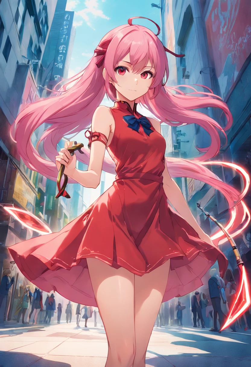 anime girl with pink hair and red dress holding a stick, full body concept, v from devil may cry as an elf, succubus in tight short dress, anime girl with a bow and arrow, colored lineart, deviant adoptable, she is holding a long staff, humanoid pink female squid girl, human :: sorceress