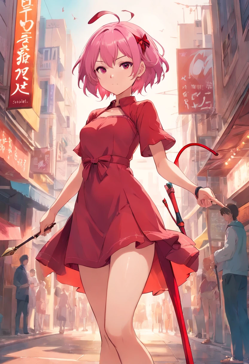 anime girl with pink hair and red dress holding a stick, full body concept, v from devil may cry as an elf, succubus in tight short dress, anime girl with a bow and arrow, colored lineart, deviant adoptable, she is holding a long staff, humanoid pink female squid girl, human :: sorceress