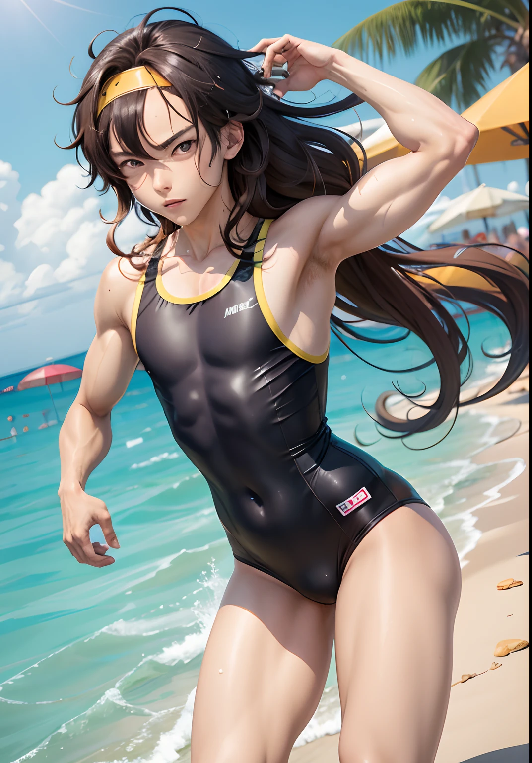 Anime boy in swimsuit, Long twin-tailed brown-haired boy, Boy with long two-sided brown hair, Boy with Purple Eyes, wearing a swimming wear, Swimsuit, Wet swimsuit, Seductive Anime Boy, garments:High-cut swimwear, Cool anime boy in black and yellow tanksuit, anime moe art style, swim wears, Commission for high resolution, Competitive swimsuit, (Anime Boy), onepiece swimsuit, marin kitagawa fanart, high quality fan art, highleg, cel shaded anime, swimsuit model, oc commission, [ 4 k digital art ]!!, Realistic swimwear, Yellow Hairband, Bare shoulders, bare legs, !!Full body portrait!!,