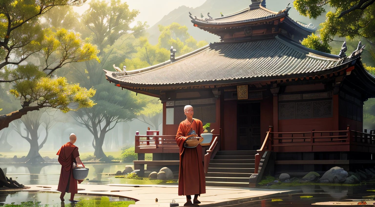 I stand against the tree，I saw the monks in Daming Temple washing dishes in the Lost Crane Pond，Only the back can be seen