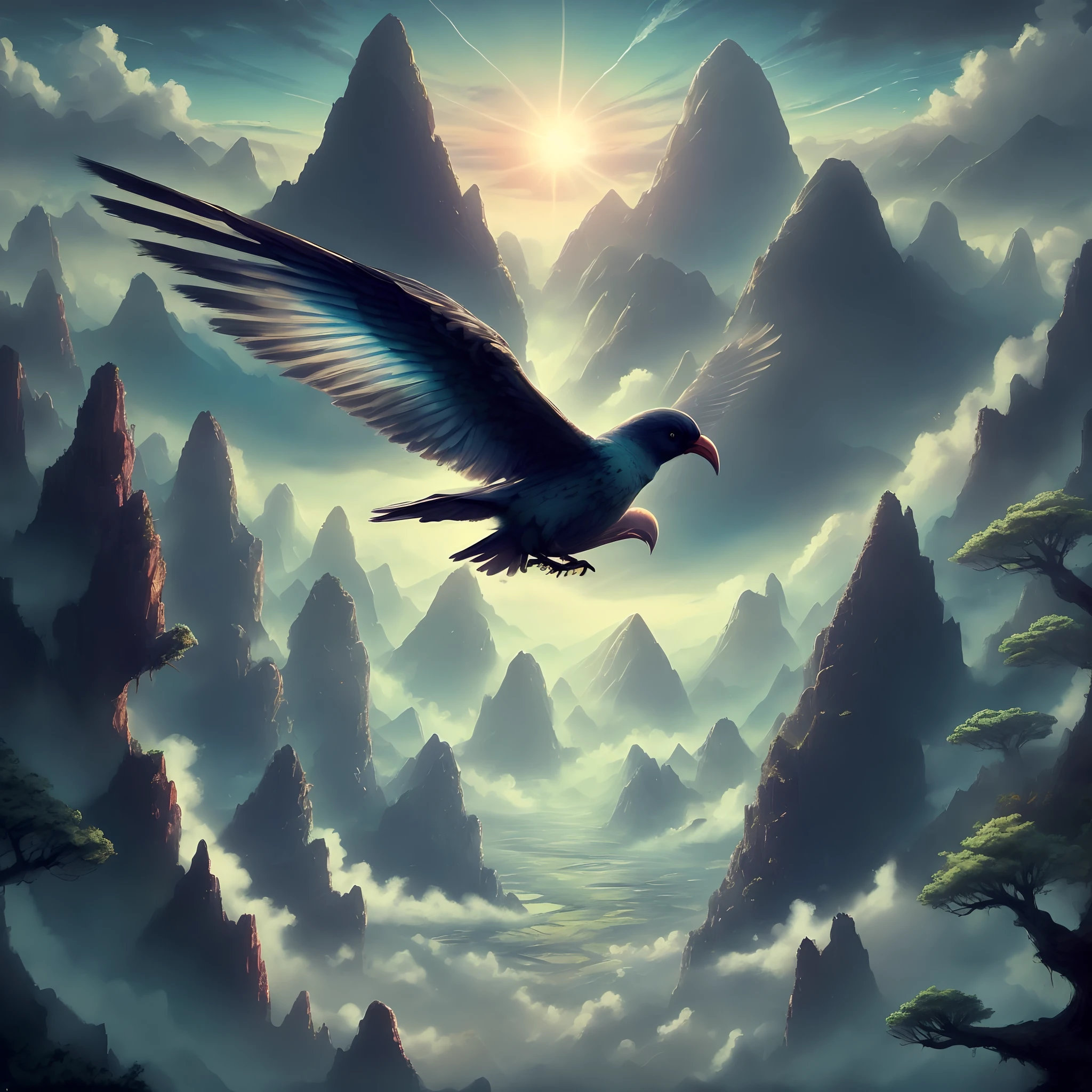 bird. broken wing. wing hit by a mine.  legs tied.  mountain.  sky.  tree.sun