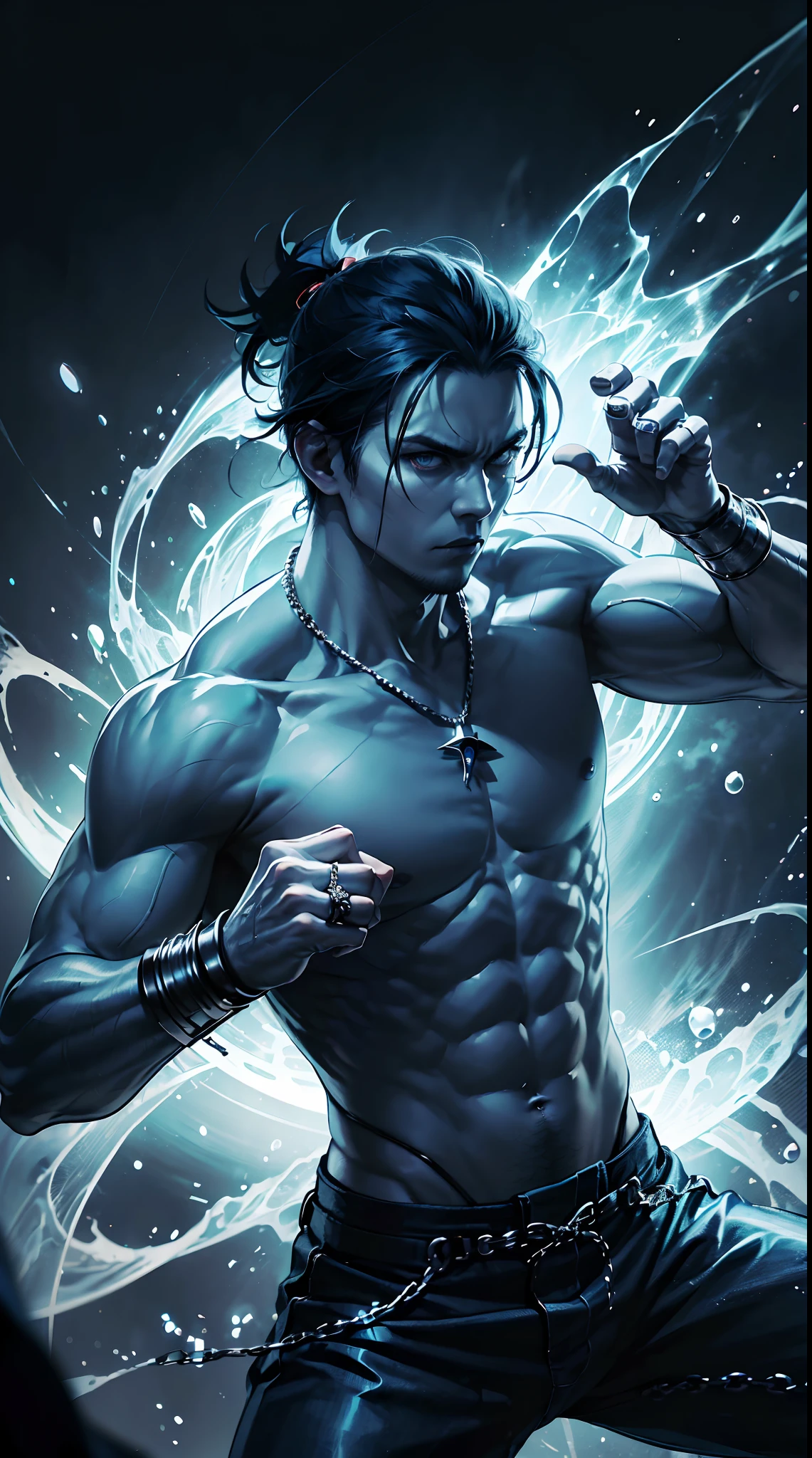 Man with martial arts stance using 10 rings on his hand,Blue hair, old fashioned blue pants with no shirt, badass expression, epic kung fu pose, fire Blue  and rings background.HD lighting and dark )<=(epic image quality)dark atmosphere with bright particle light(many effects in background)