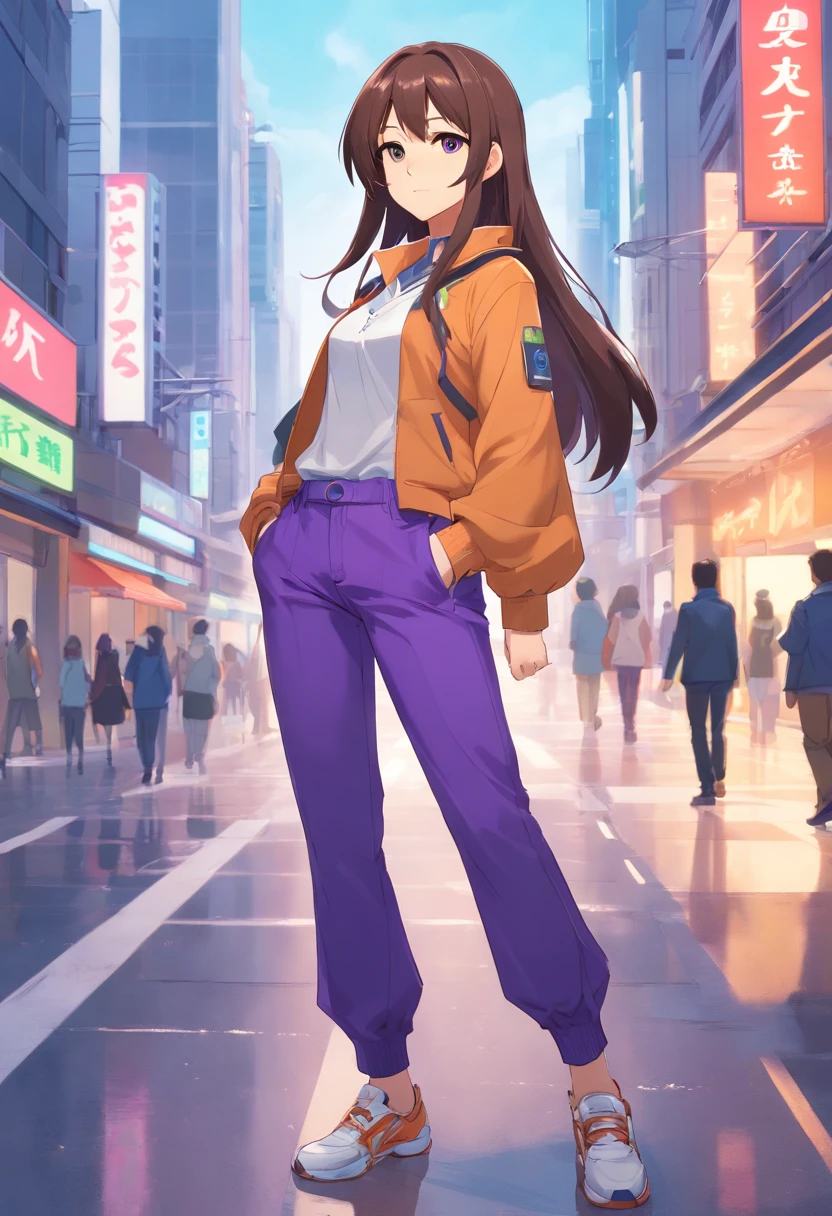 anime girl with long hair and purple pants posing for a picture, anime style character, dressed with long fluent clothes, character is in her natural pose, full body concept, natalie from epic battle fantasy, character posing for concept art, female anime character, full body character concept, clear outfit design, anime woman fullbody art, long haired humanoid fursona, outfit design