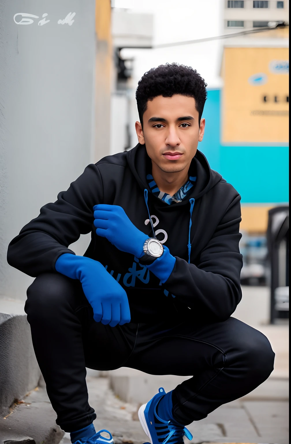 arafed man in black jacket and blue sneakers crouching down, casual photography, with a cool pose, wearing jeans and a black hoodie, shot on canon eos r5, shot on canon eos r 5, casual pose, riyahd cassiem, profile photography, shot on nikon z9, taken with sony alpha 9, modeling shoot, modeling photography, stylish pose