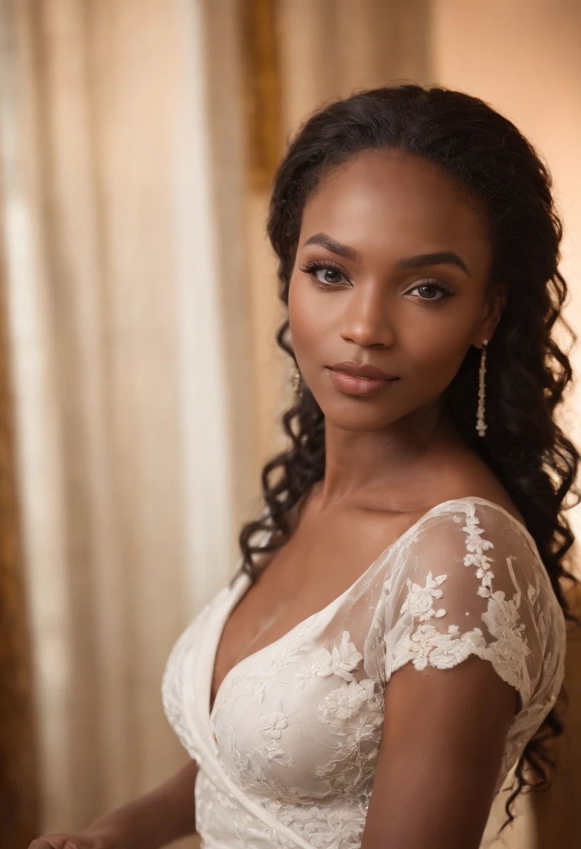 Latina teenager, 25 years old, honey-colored eyes, delicate black skin, long black hair, sensual body, big ass, bride.