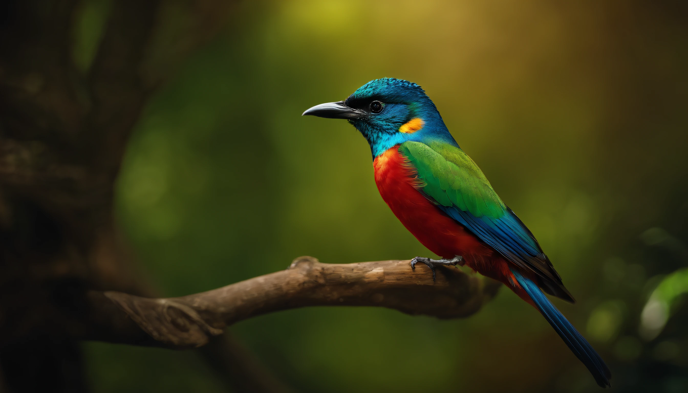 criatura de fantasia, photo-realistic representation, Majestic bird, plumagem intrincada, Iridescent penalties, Mythical charm, close-up view, Dramatic angle, ethereal atmosphere, painterly style, perched on a mystical branch, fundo encantado da floresta, Luz suave difusa, cores vibrantes, magical ambiance, Mola Macro 100mm, Nikon Z7 | |, ampla abertura, Aprimoramento HDR, 4k resolution, inspirado no folclore, visualmente cativante, maravilha encantadora.
