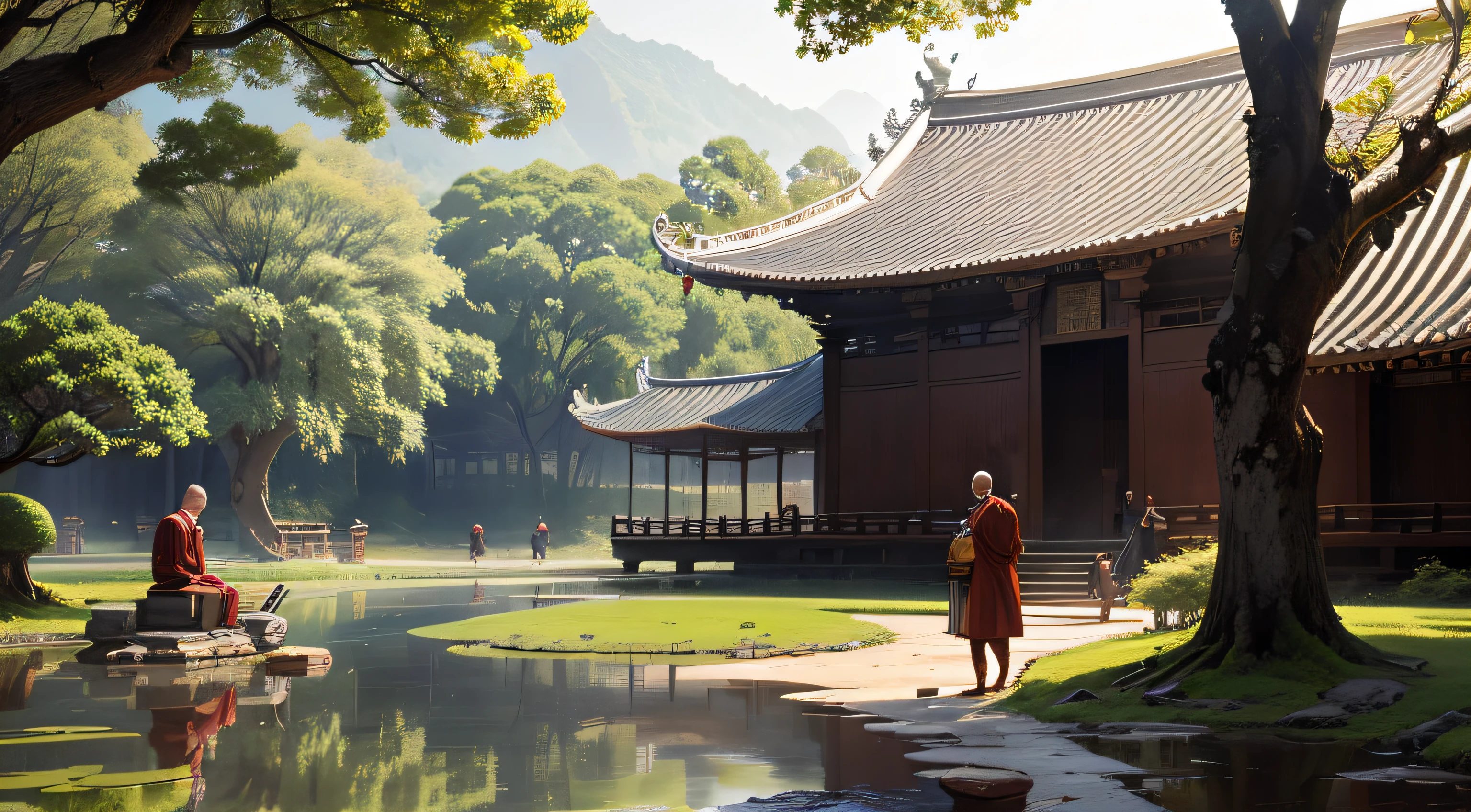 I stand against the tree,I saw the monks in Daming Temple washing the bowl of eating in the Lost Crane Pond