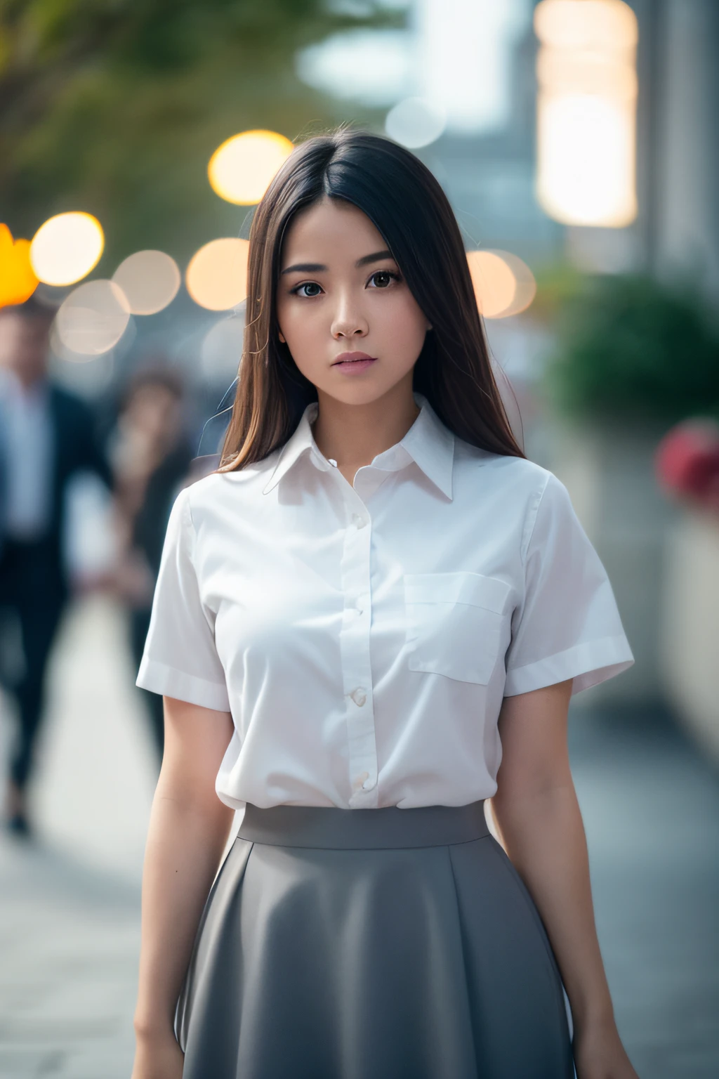 cinematic photo cinematic film still sm4c3w3k, white fabric, grey fabric,full body photo of the most beautiful latin woman in the world wearing the sm4c3w3k, collared shirt, short sleeves, skirt, pocket, . shallow depth of field, vignette, highly detailed, high budget Hollywood movie, bokeh, cinemascope, moody, epic, gorgeous, film grain, grainy . 35mm photograph, film, bokeh, professional, 4k, highly detailed