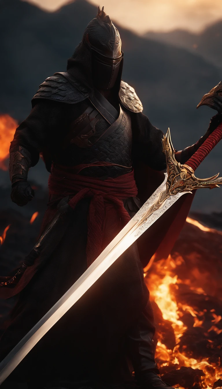 (outstanding、professional、Surreal)、detailed sword, Metallic texture, Lava texture,Flame blade,katana swords