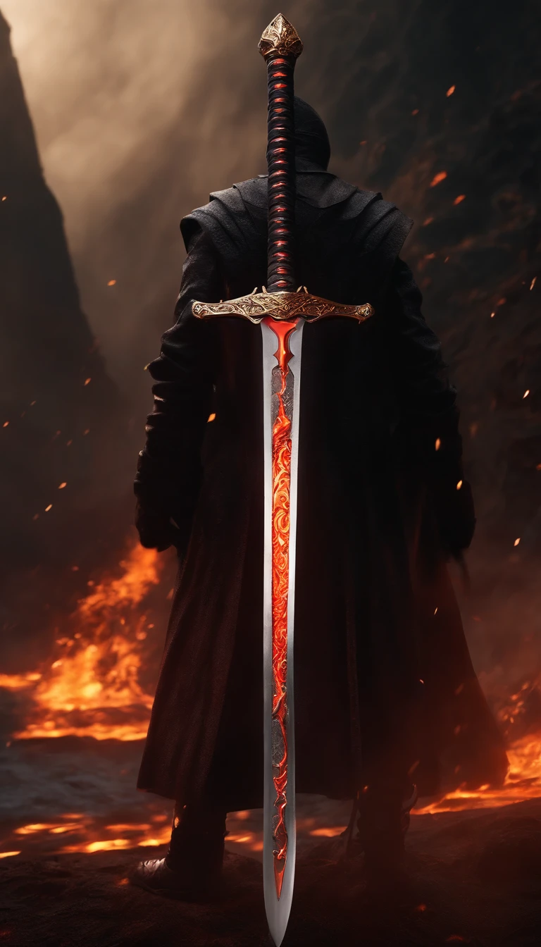 (outstanding、professional、Surreal)、detailed sword, Metallic texture, Lava texture，Flame blade，katana swords