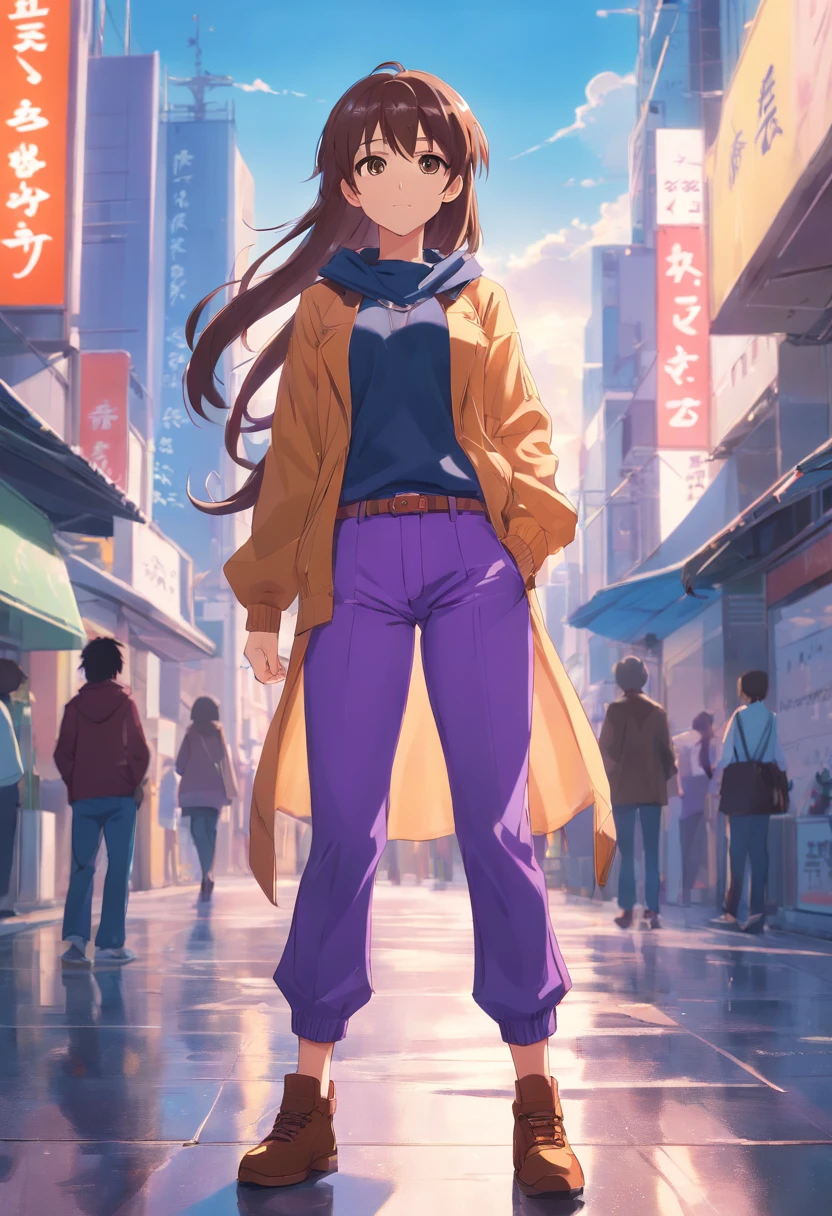 anime girl with long hair and purple pants posing for a picture, anime style character, dressed with long fluent clothes, character is in her natural pose, full body concept, natalie from epic battle fantasy, character posing for concept art, female anime character, full body character concept, clear outfit design, long haired humanoid fursona, anime woman fullbody art, outfit design