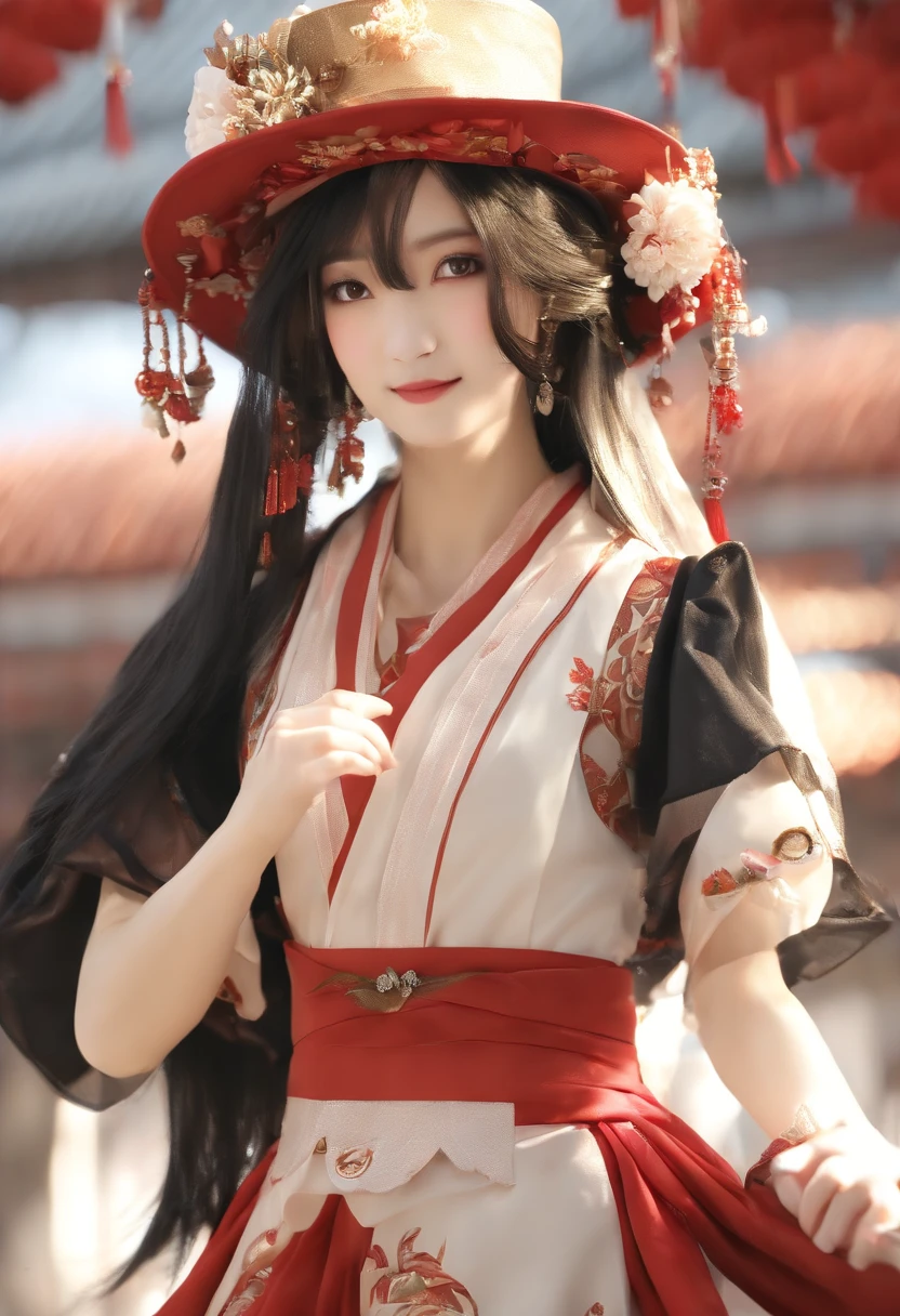 masterpiece、top-quality、(pureerosface:2.0)、(1人の女性)、19 year old sexy Korean 1 girl、A dark-haired、parted hair、Straight short hair、Medium size breasts、(large hat:1.2)、shrine maiden clothe、the witch、female mage、Hair fluttering in the wind、(No paint on the face:1.1)、(Red around the eyes:1.2)、a smile、Left and right symmetrical eyes、jpn、(Kagura dance:1.4)