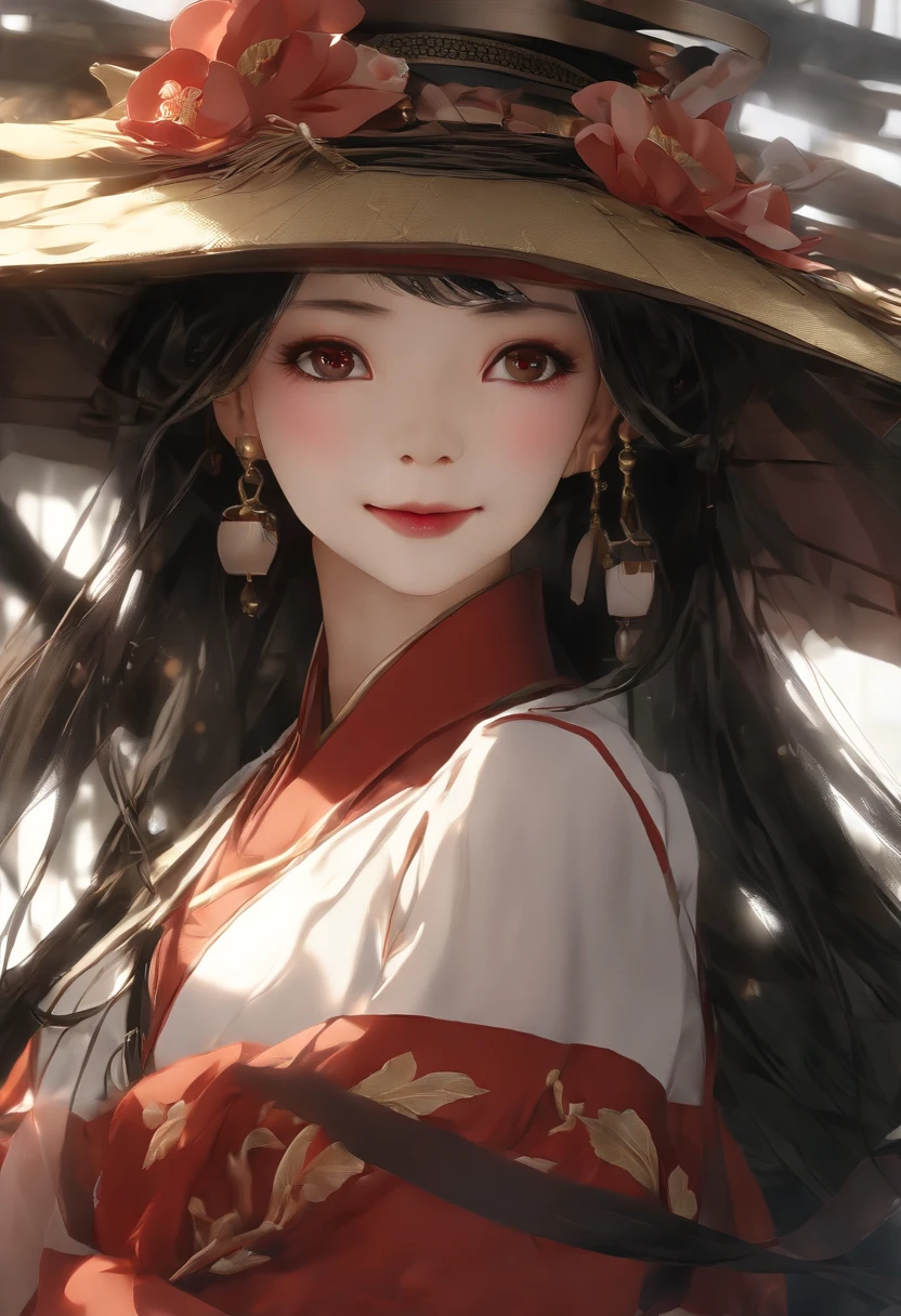 masterpiece、top-quality、(pureerosface:2.0)、(1人の女性)、19 year old sexy Korean 1 girl、A dark-haired、parted hair、Straight short hair、Medium size breasts、(large hat:1.2)、shrine maiden clothe、the witch、female mage、Hair fluttering in the wind、(No paint on the face:1.1)、(Red around the eyes:1.2)、a smile、Left and right symmetrical eyes、jpn、(Kagura dance:1.4)